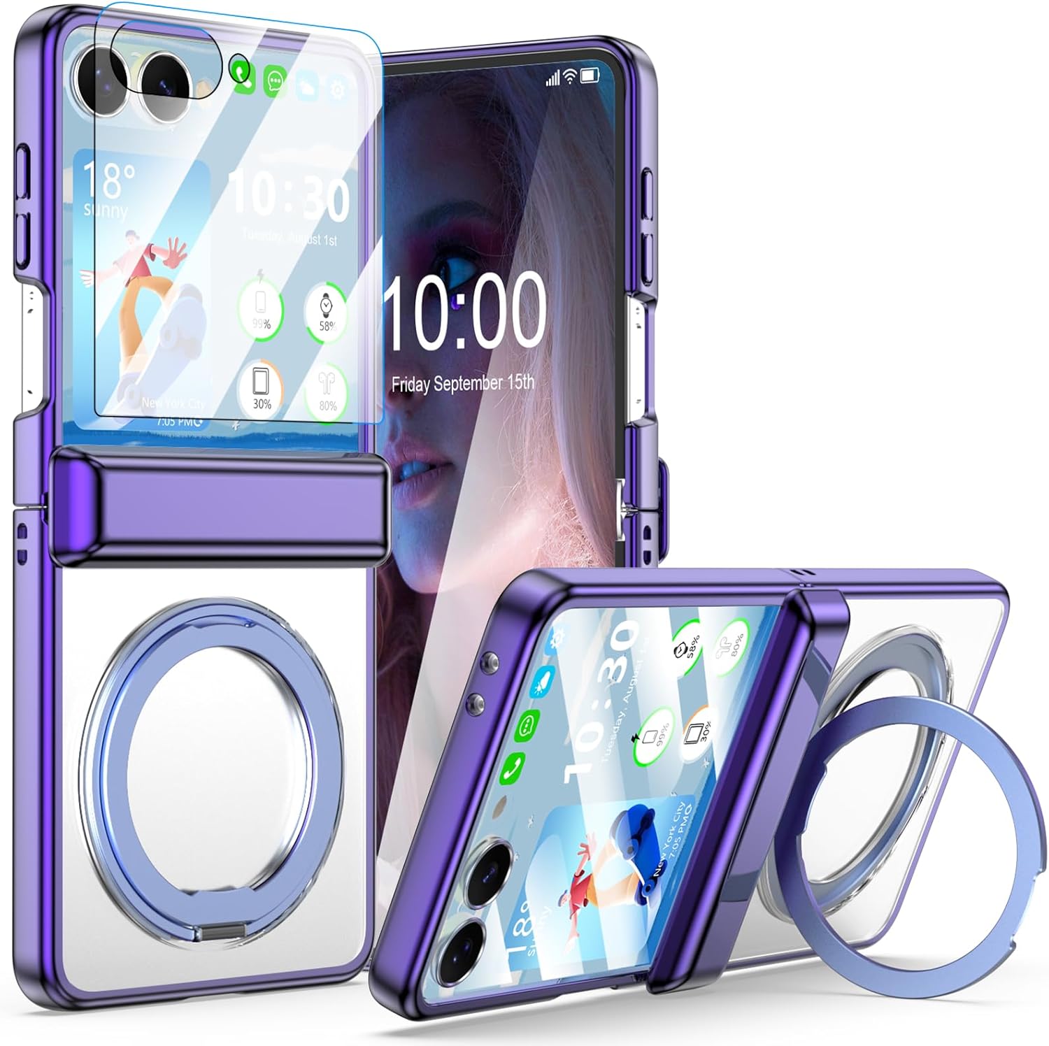 Designed for Z Flip 7 Case Clear,Compatible with MagSafe, Built-in Kickstand & Screen Protector & Hinge Protection, Slim Protective Phone Case Plating Cover for Samsung Galaxy Z Flip 7 (Purple)