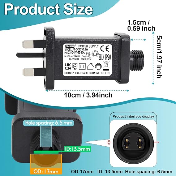 12V 7.2W String Lights Indoor-Outdoor Power Adapter for CZJUTAI JT-DC 12V7.2W /6W /4.5W /3.6W-IP20 Christmas Lighting, (ScrewSocket(Single-mode) 12V7.2W 1 PCS)