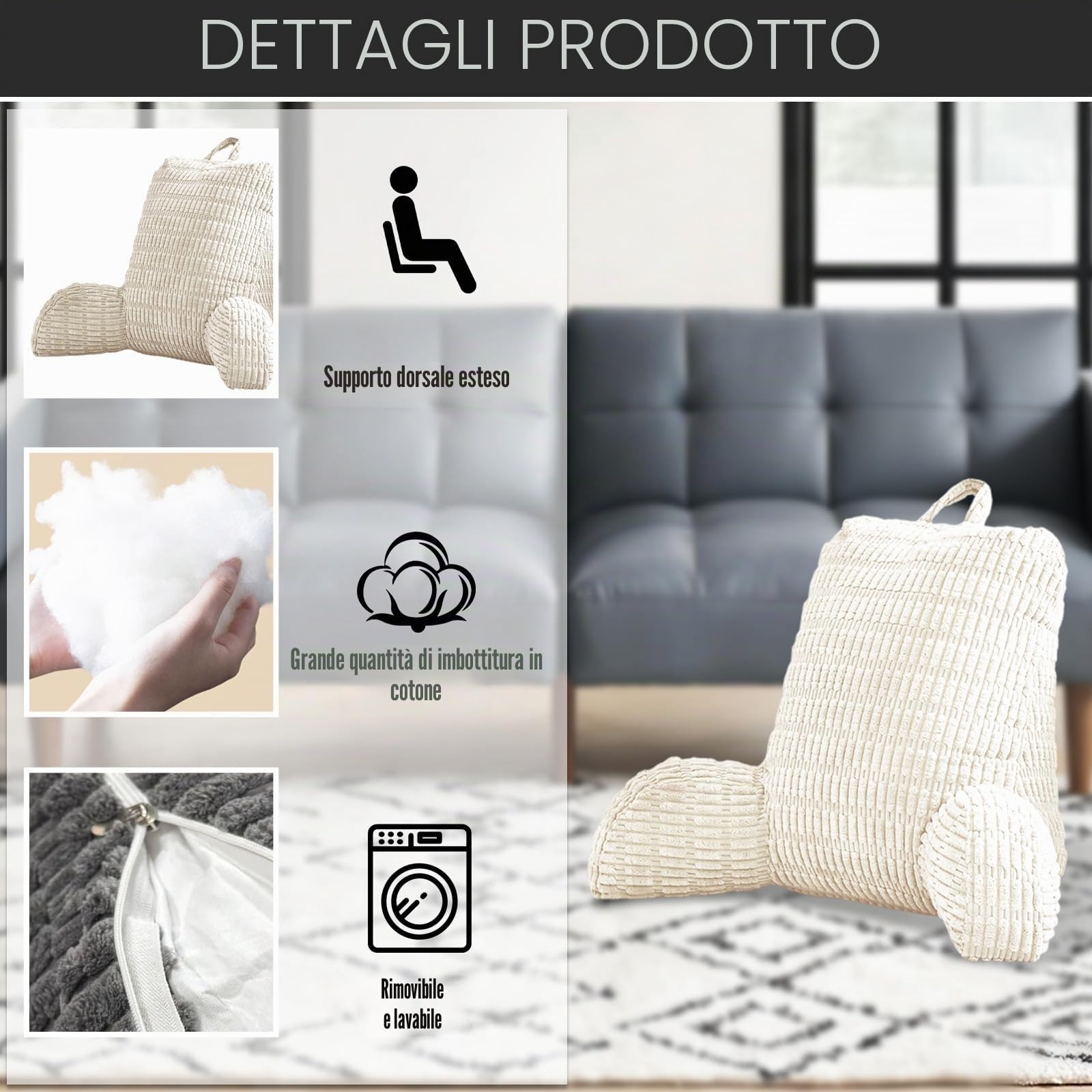 Cuscino da lettura per letto e divano, cuscino di supporto per la schiena, cuscino da lettura con braccioli, divano per adulti con cuscino per schienale, adatto per leggere, giochi, videogiochi