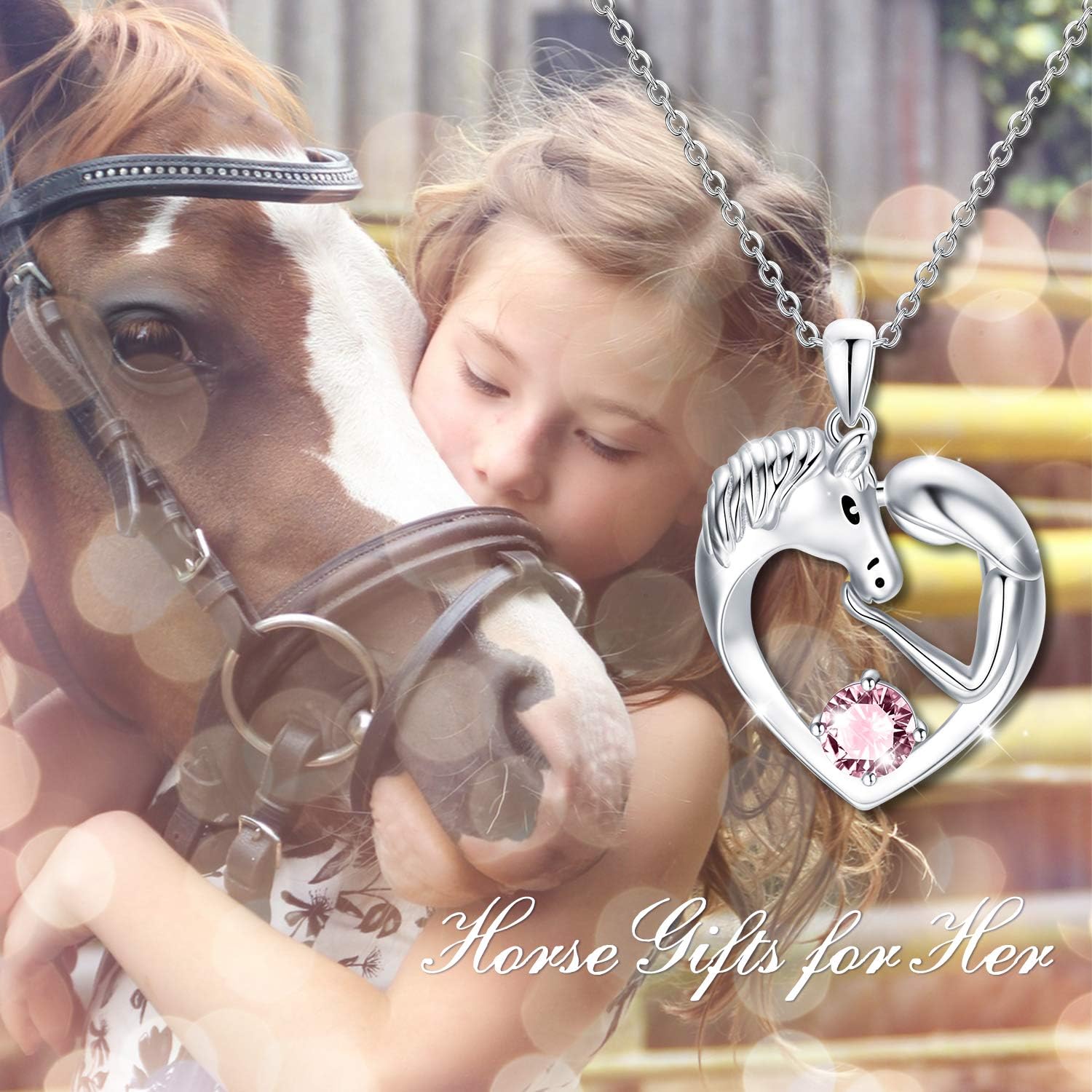 AOBOCO Horse Necklace Sterling Silver Love Heart Necklace with Birthstone Crystals, Horse Jewelry Gifts for Women Her
