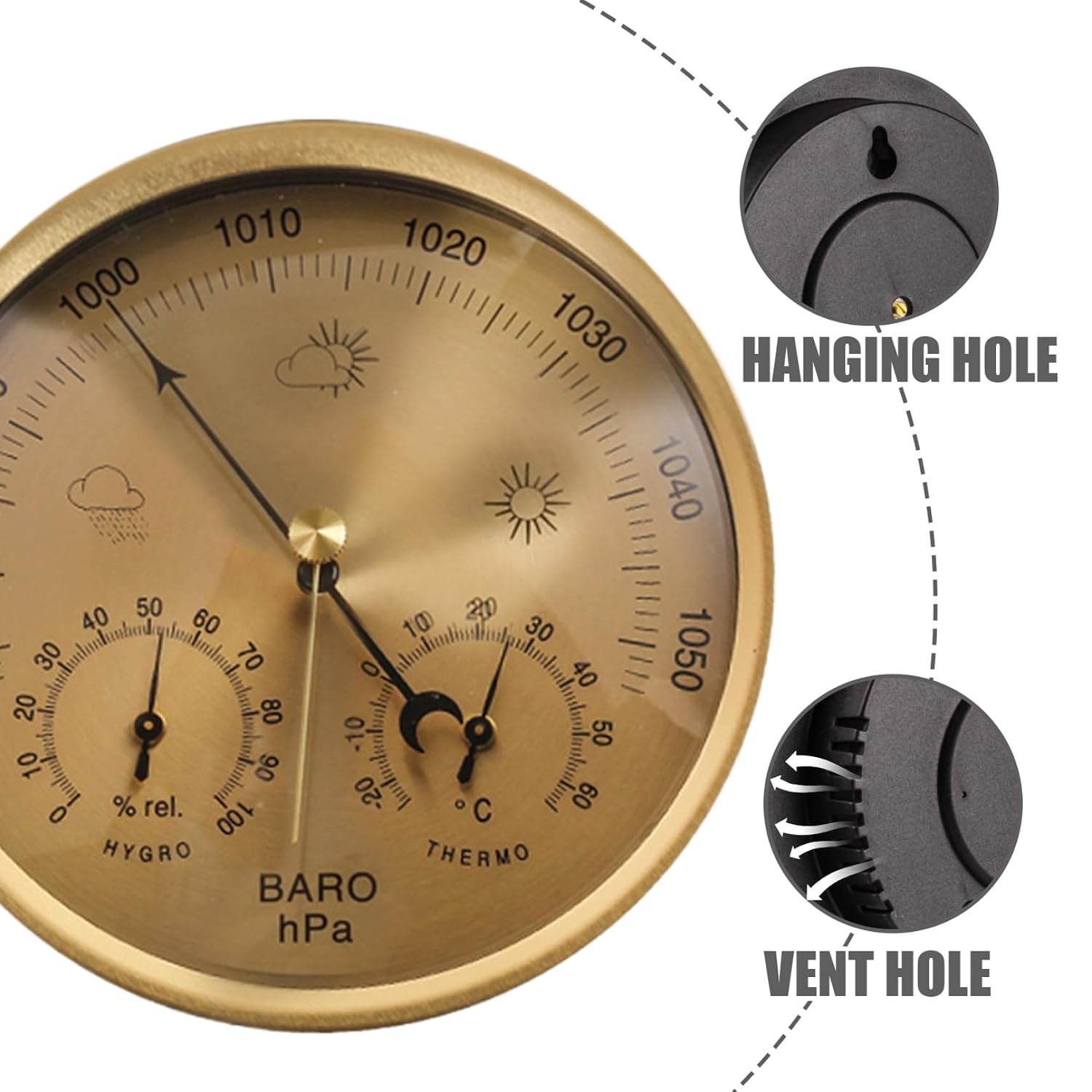 Barometer 3 in 1 5.2inch Barometric Pressure Gauge Mechanical Weather Barometer with Hanging Hole Clear Scaled Thermometer Hygrometer for Indoor Outdoor, Gold