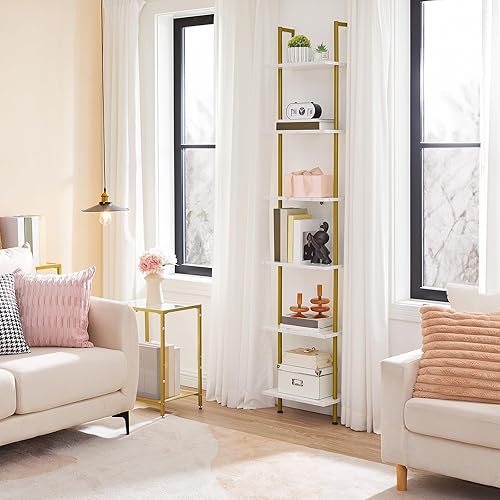 Miniatura 2 de HOOBRO Estantería de escalera para bricolaje, estantería de madera de 6 niveles, estantería dorada estrecha, estante de exhibición, estante de