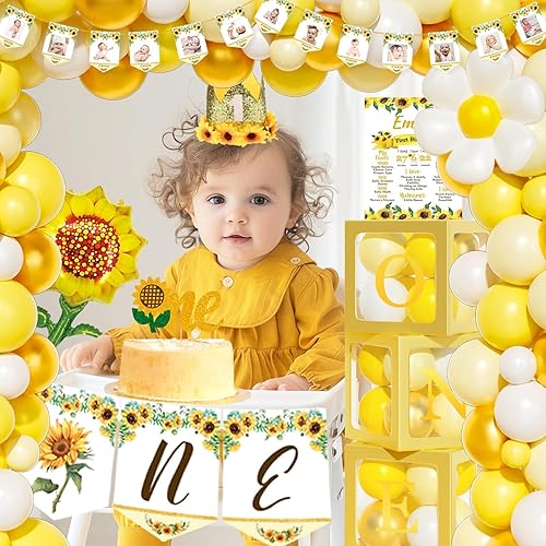 Miniatura 6 de Decoraciones de primer cumpleaños de girasol, decoraciones de primer cumpleaños para niña, suministros de fiesta de flores de un año, telón de fondo