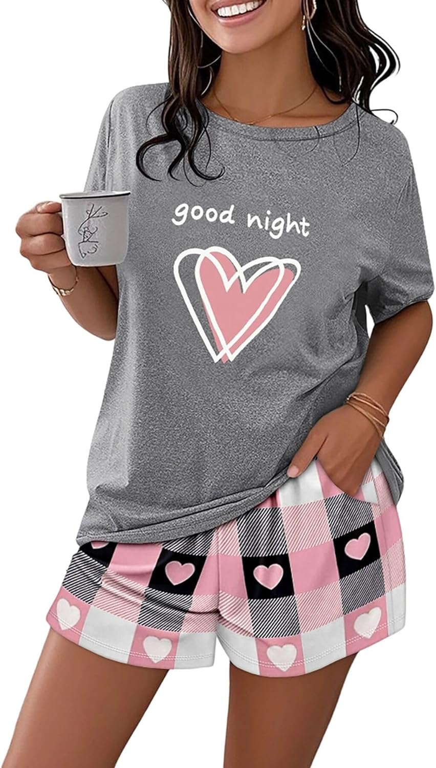 CHICME Pajamas Set for Women 2 Piece Pjs Lounge Set Soft Short Sleeve Tops and Sleep Shorts with Pocket