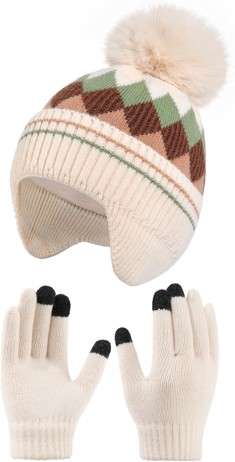 AWAYTR Kids Winter Hats and Gloves Sets - Beanie Hat with Pom Pom and Gloves Set for Toddler Boys and Girls Warm Earmuff