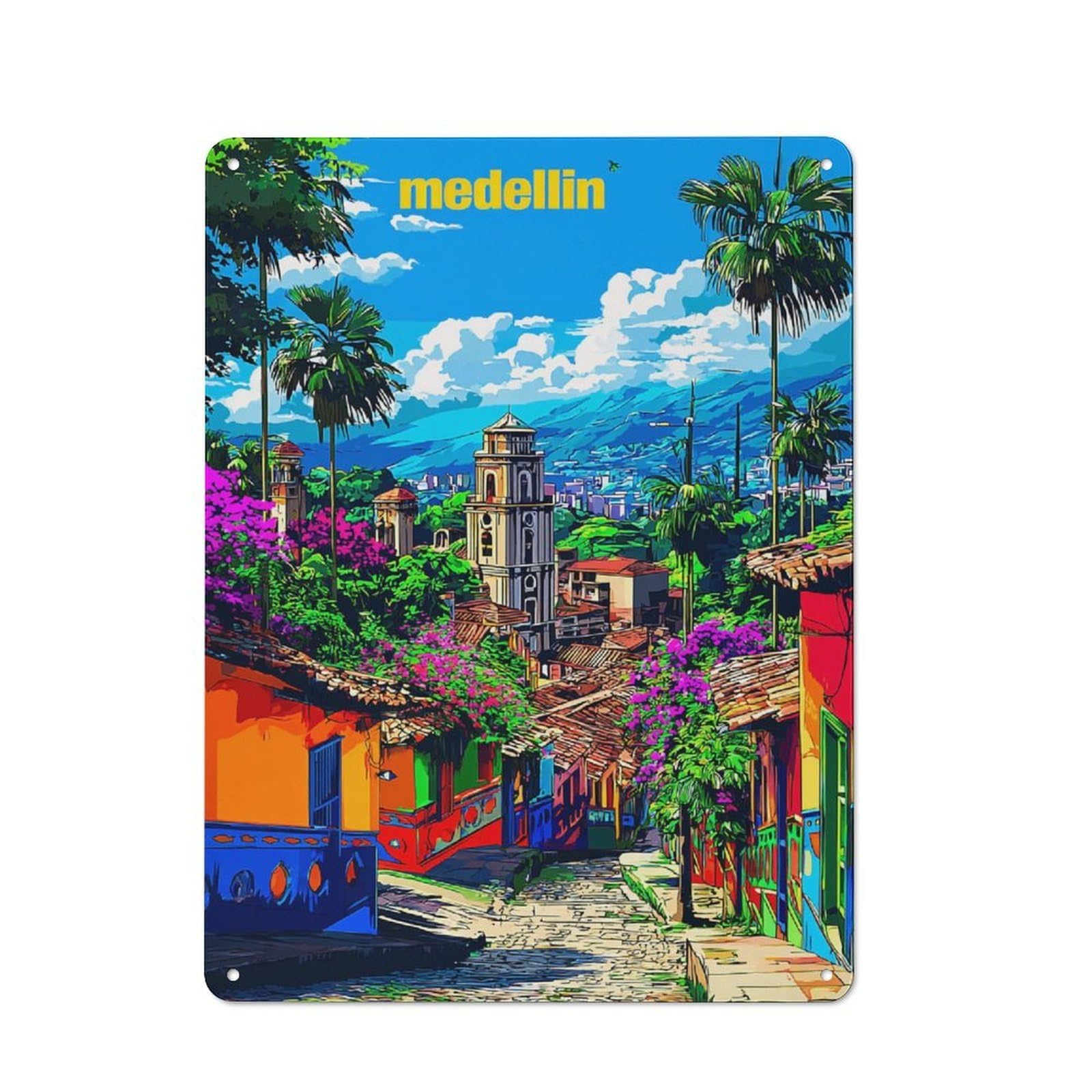 Junmoney Colorful Streets Of Medellin -1 Metal Wall Sign 40X30cm Featuring For Bar Or Restaurant, For Bar Decor Enthusiasts