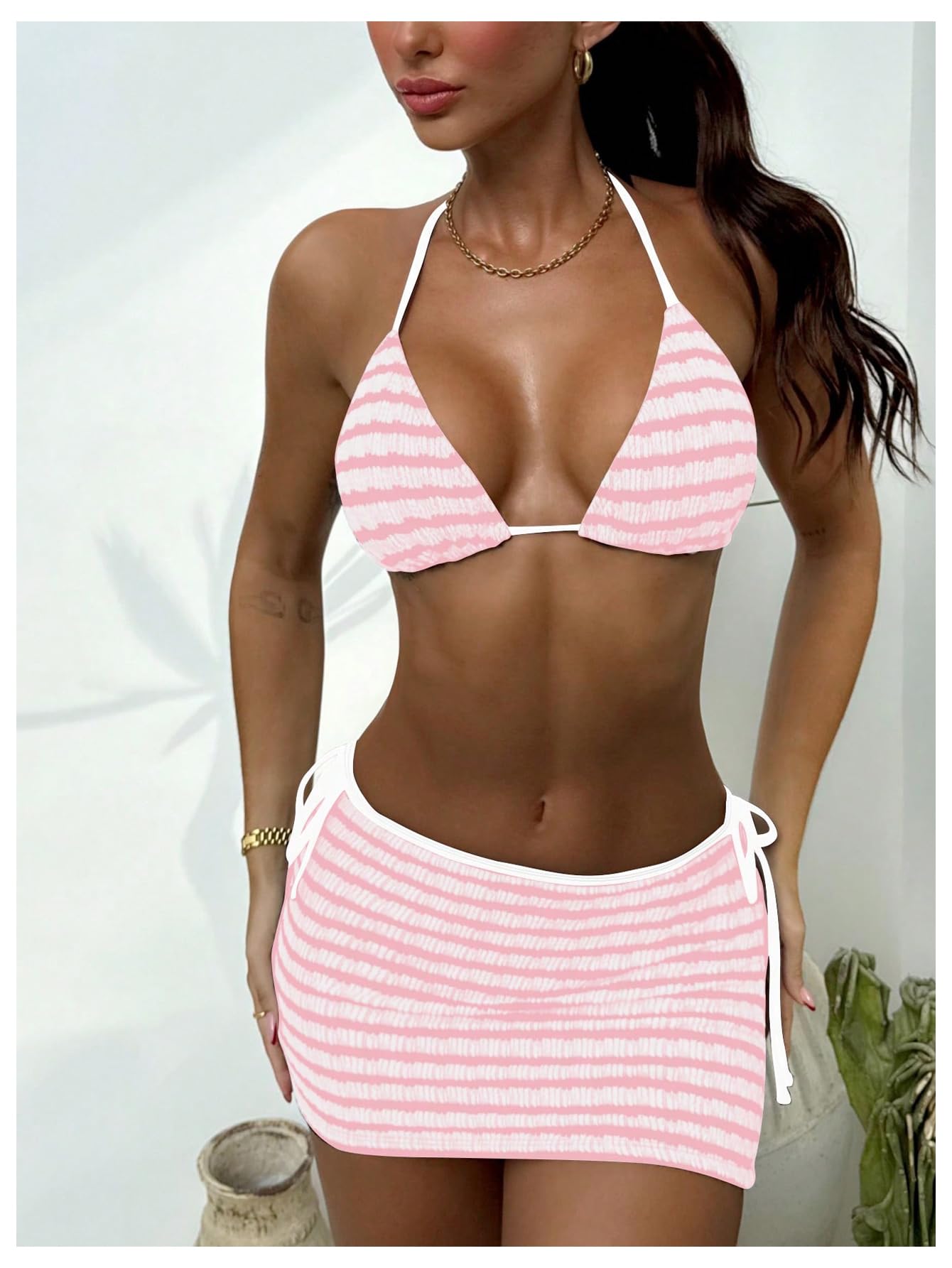 Damski 3-częściowy zestaw bikini w paski wiązany na szyi strój kąpielowy ze spódnicą okrycie czarny i biały rozmiar S