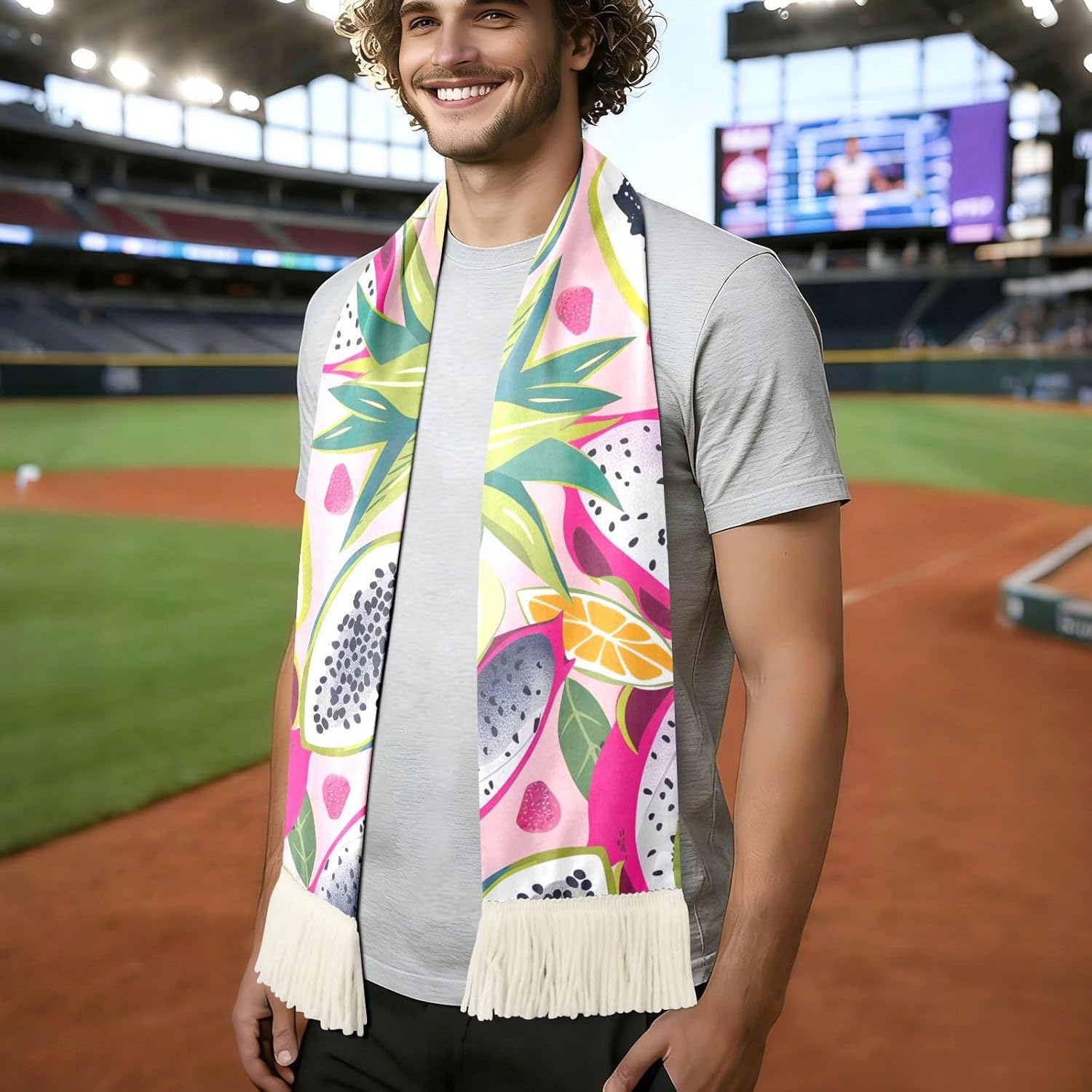 CHIFIGNO Tropical Fruits Pink Sports Fan Scarf Towel, Soft Quick Dry Polyester Rally Towel for Soccer Fans, Cheering Sweat Wipe Scarf
