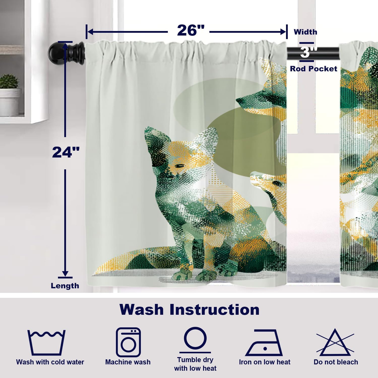 Batmerry Abstract Fox Family Tier Curtains, Abstract Fox Family Art Cafe Curtain Short Kitchen Drapes Small Valance for Bathroom, 2 Pack 26X24 Inches