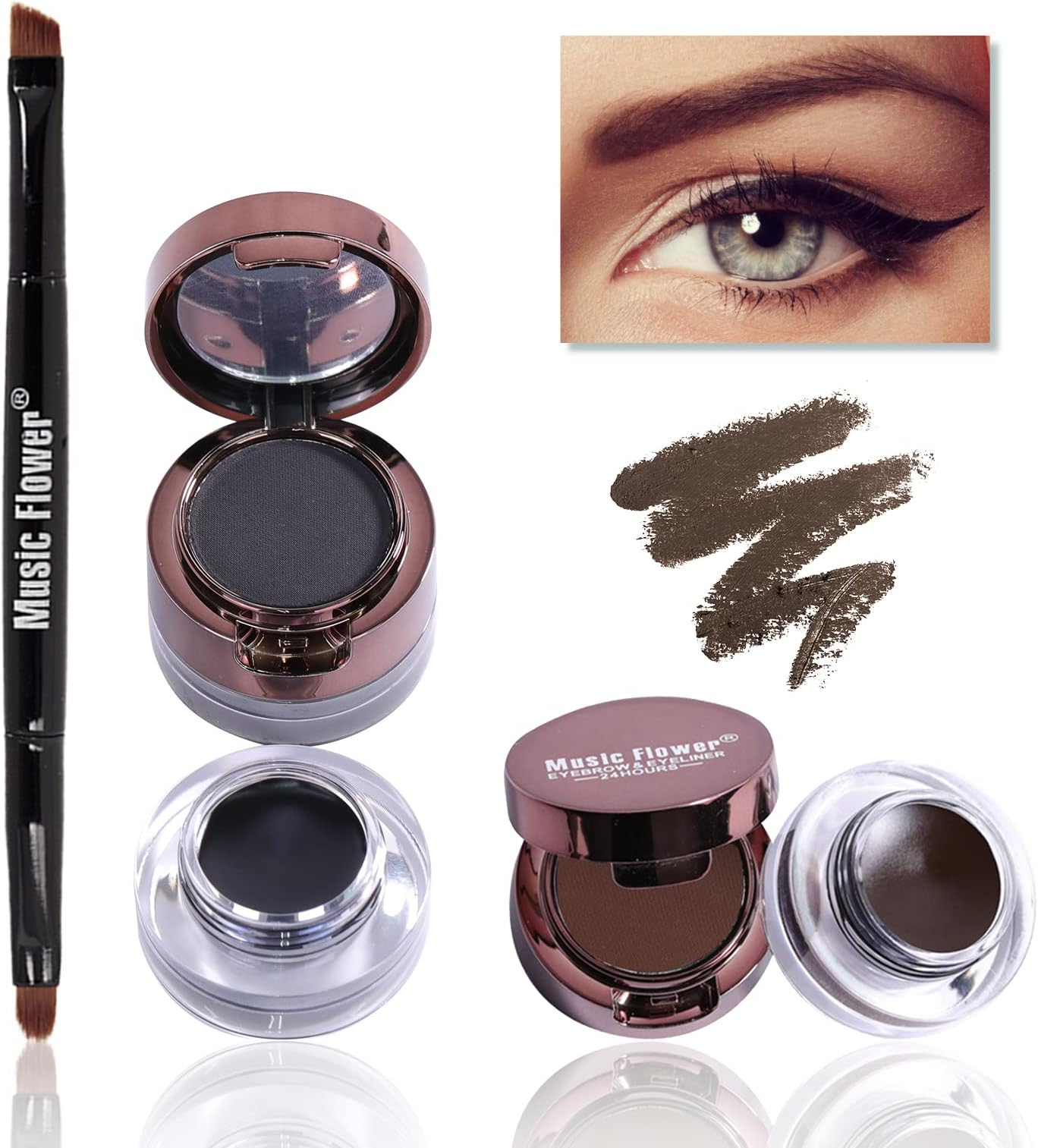 Music Flower Gel Eyeliner Eyebrow Powder, Black Brown Waterproof Eyeliner Gel, Smudgeproof Long Lasting Makeup Eye Liner with Brush Mirror, 0.49 Ounce, Pack of 2