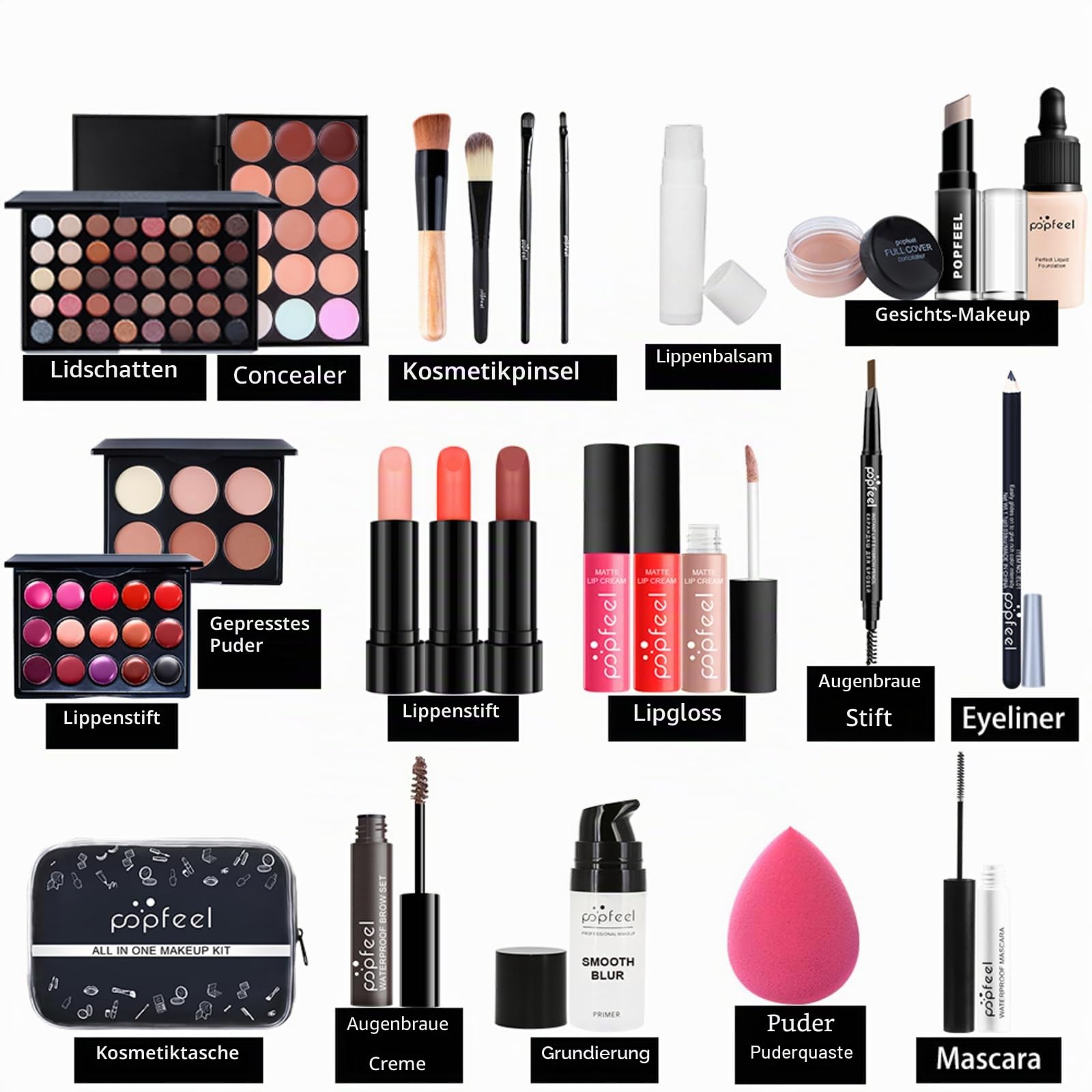 All in One Make Up Set, Make-up Sets, Schminkset für Frauen, Kosmetik Geschenkset mit Lidschatten Palette, Mascara, Foundation & Face Primer, Eyeliner Stempel, Lip Gloss mit Makeup Schwamm Pinsel