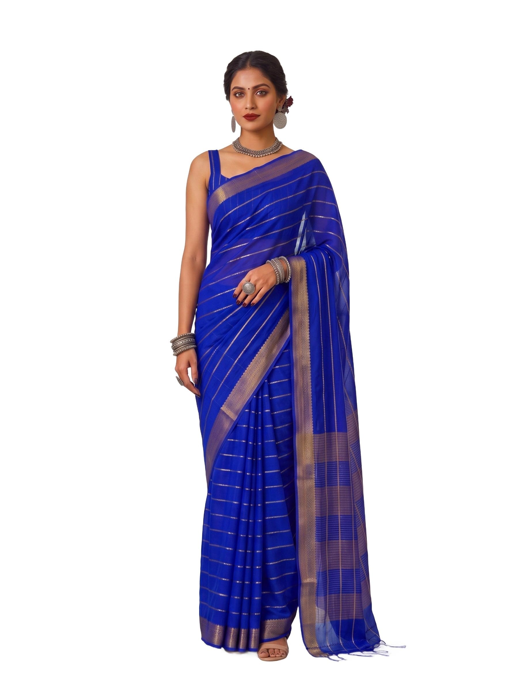 mimosa Women's Royal Blue Crepe Mysore Silk Saree (Unstitched Blouse) | Zari Woven | 6.2 Mtrs-picture-26