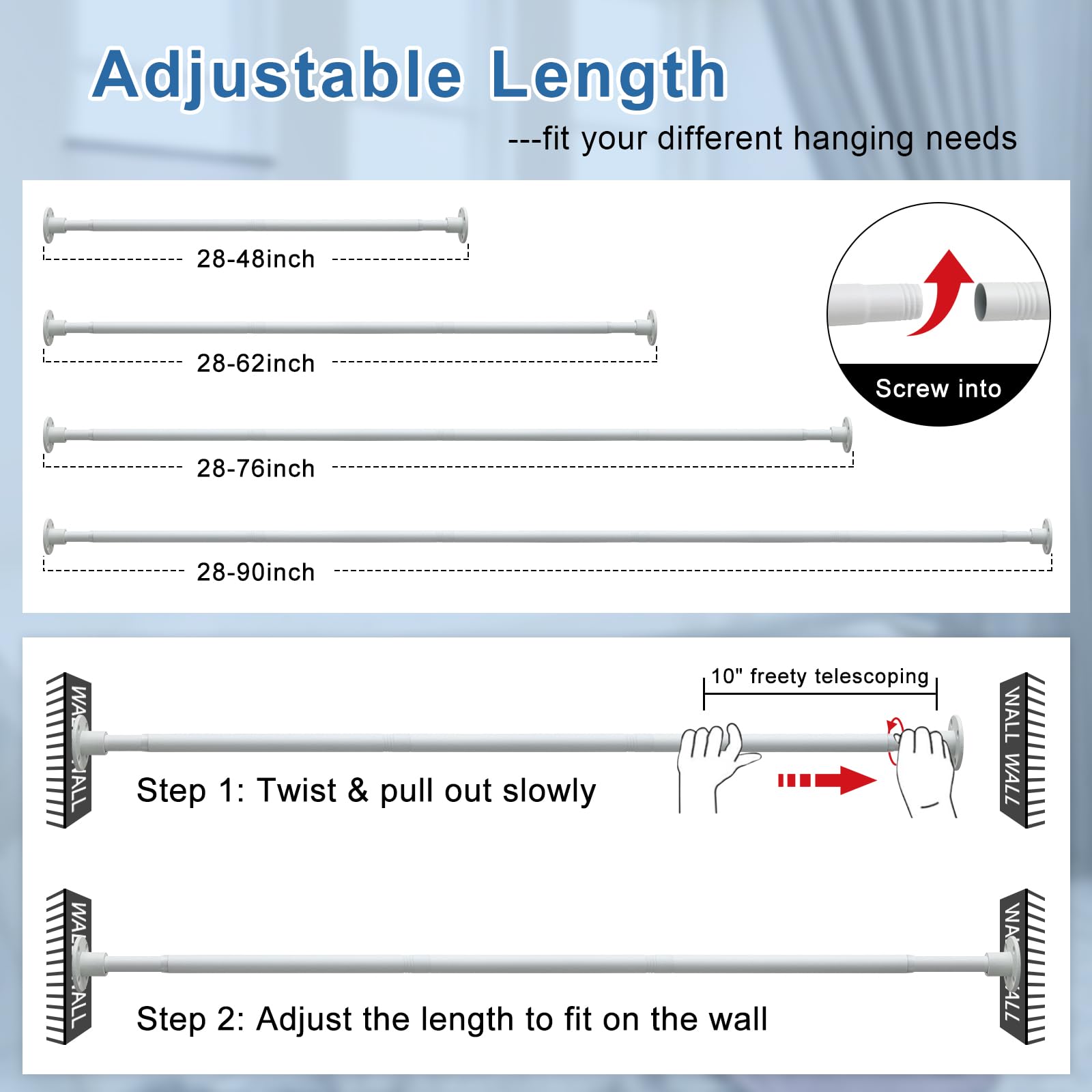 Industrial Shower Curtain Rod Wall Mounted - 1 Inch Heavy Duty Rustproof Curtain Rods for Bathroom,Closet,Kitchen Window,Non-Slip 28-48" Adjustable - Matte White