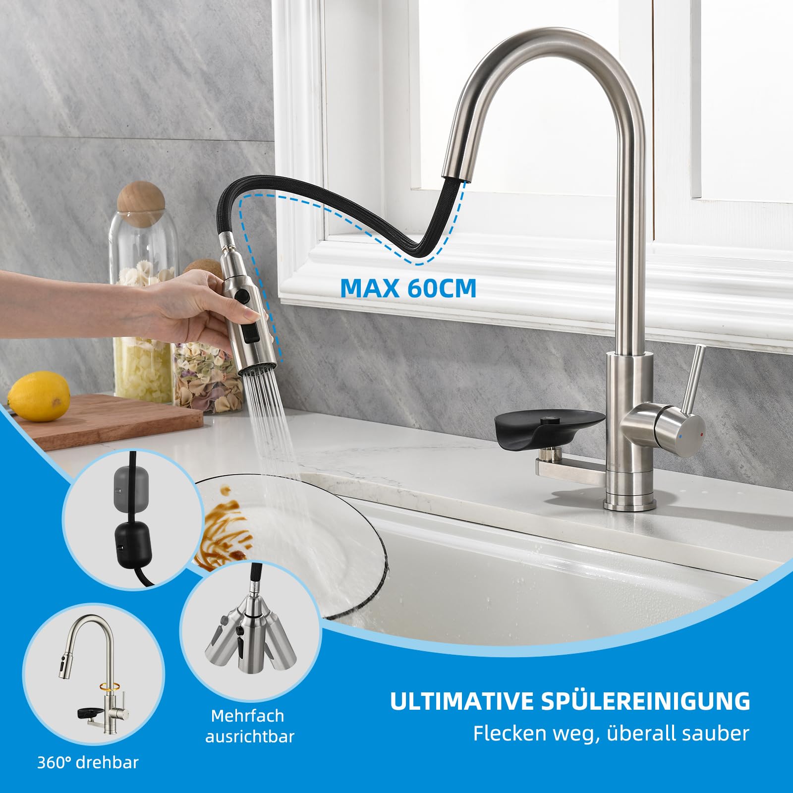 Rubinetto Cucina 3 vie Mynaiad Filtro acqua Lavaglassi Estraibile Doppia Uscita, Rotazione a 360°, Rubinetto Lavello Cucina, Miscelatore Cucina, Acciaio Inossidabile 304 Spazzolato