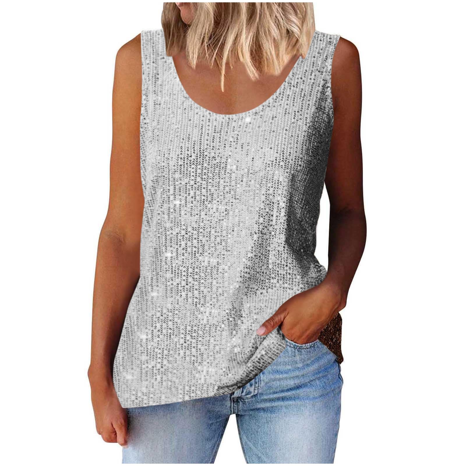 Womens Summer Sleeveless Glitter Sequin Tank Tops Sparkly V Neck Loose Fit Tunics Shimmer Going Out Party Outfits