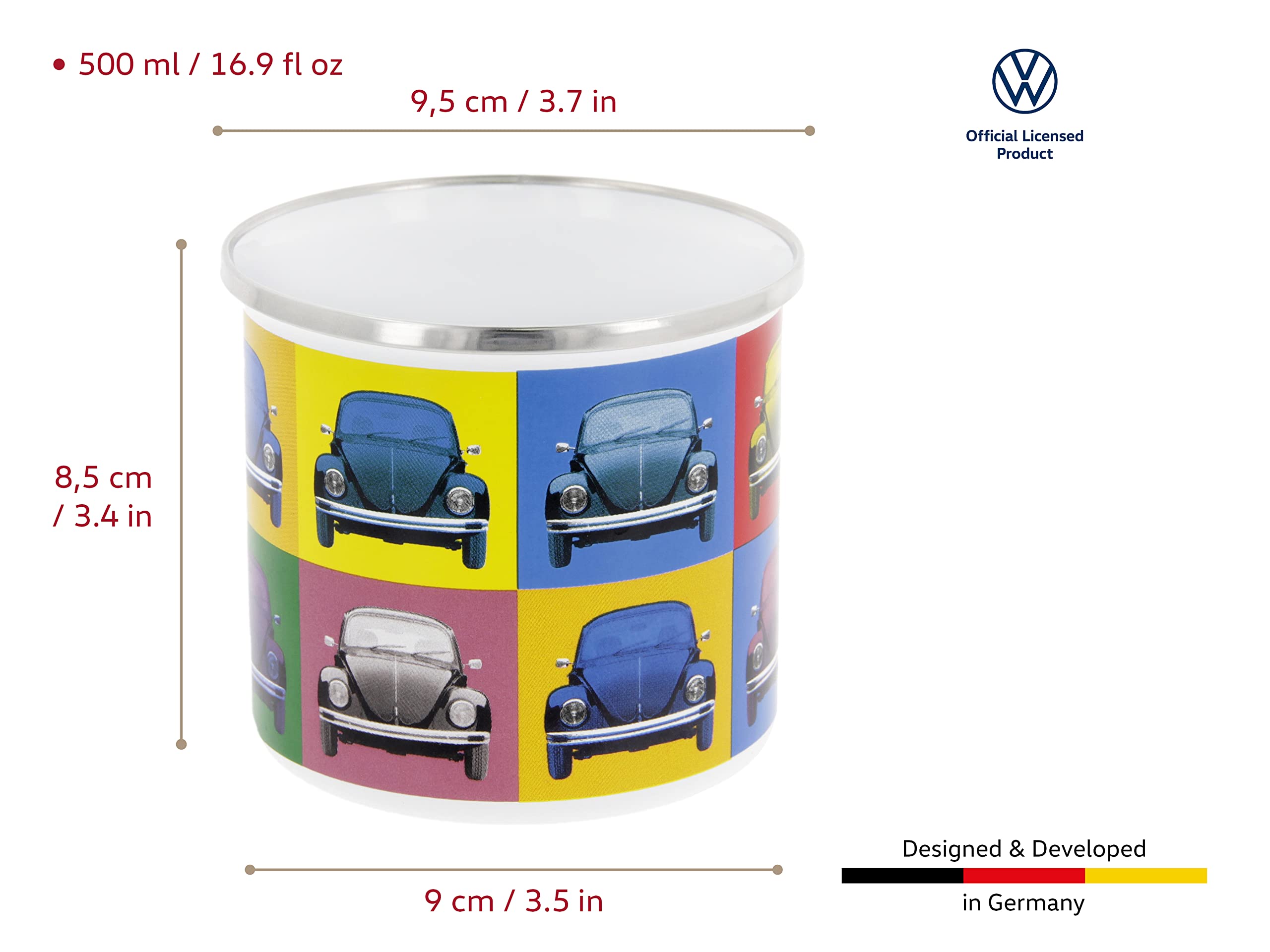 BRISA VW Collection – Volkswagen duży emaliowany kubek do kawy, herbaty, cappuccino, kubek owsiany, na kemping i do aktywności na świeżym powietrzu (500 ml/wielokolorowy/kolorowy)
