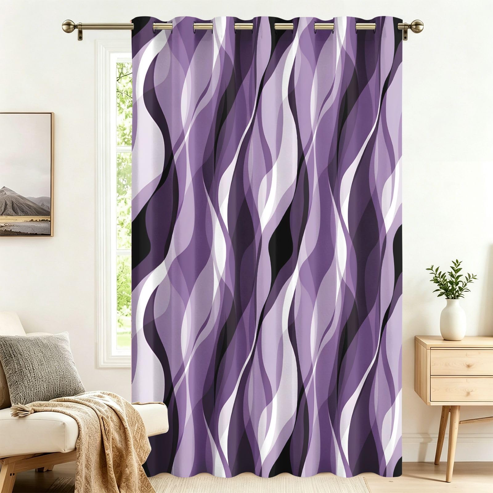 Fadaing Girls 5 Purple Geometric Wave Curtains With Eyelets, 1 Piece, Room Divider Curtains, Blackout, 183 X 132 Cm, Darkening Thermal Curtains, Heat Insulating, Winter, Summer, Thermal Protection, Indoor Sun