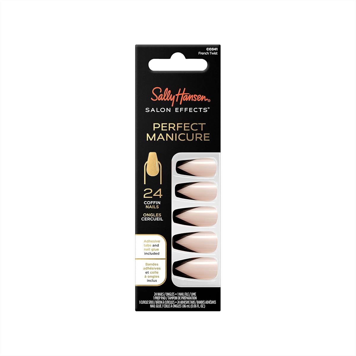 Manicura perfecta Salon Effects®, toque francés, uñas prensadas, en forma de ataúd, pestañas adhesivas que no dañan, lima y almohadilla con alcohol incluidos