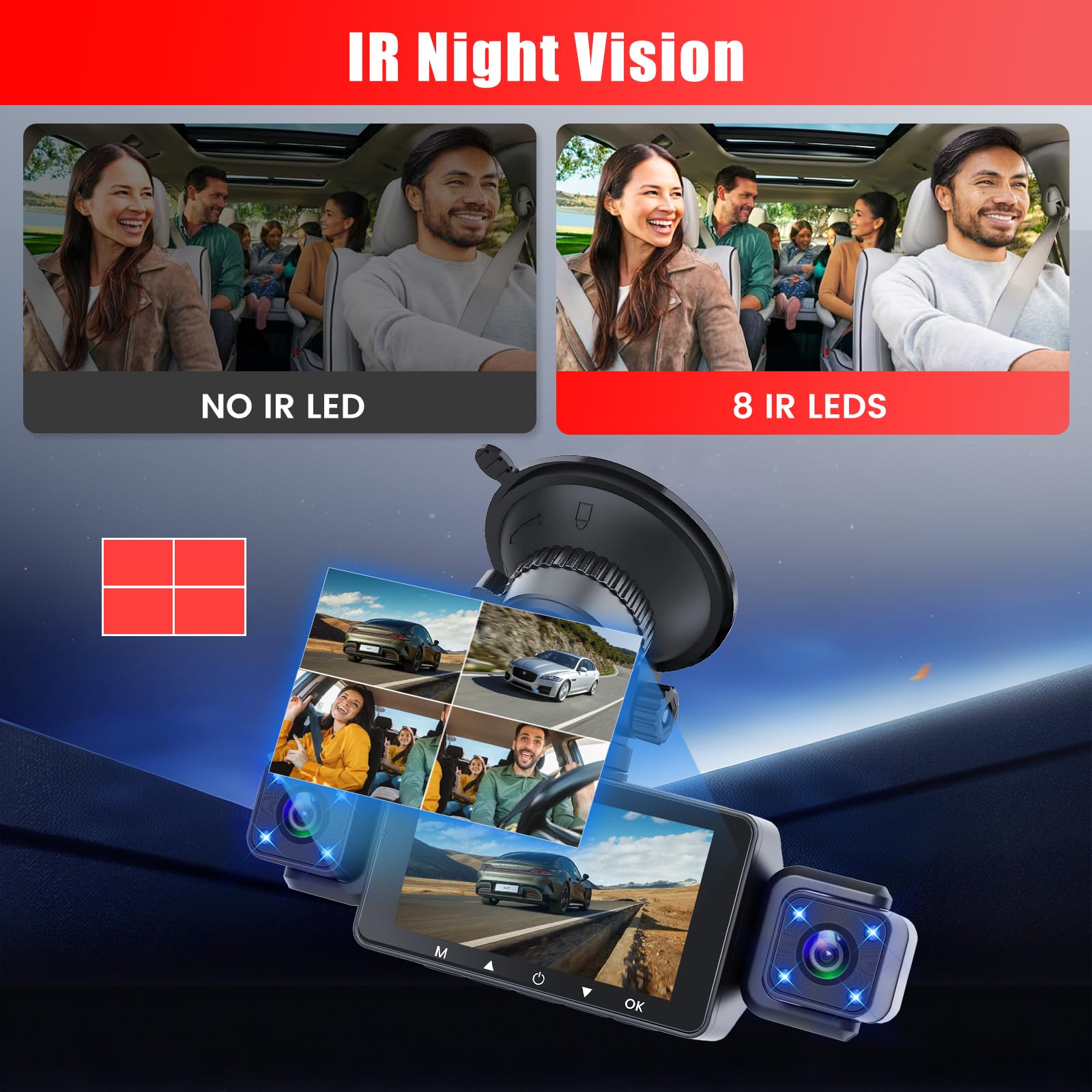360° Dashcam 4 Canales, Camara para Coche Frontal 1080P, Pantalla IPS 3" | Cámara Vigilancia Coche Con WIFI y APP/Tarjeta SD 64GB/G-Sensor/24H Modo Aparcamiento/Visión Nocturna/Grabación en Bucle
