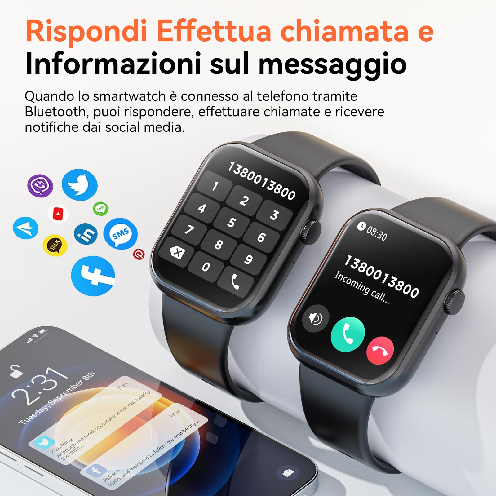 Smartwatch con Chiamate Bluetooth,1,85'' Smartwatch per Uomo Donna,Orologio Sportivo Impermeabile IP67 con Oltre 100 Modalità Sportive,Fitnesswatch con Contapassi Cardiofrequenzimetro per Android iOS