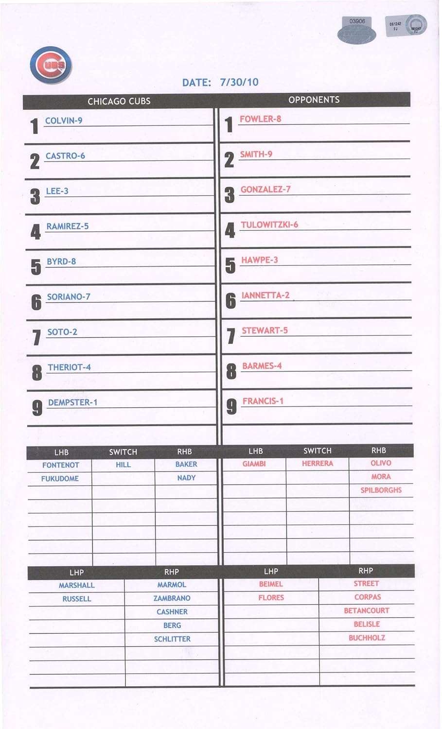 Chicago Cubs GameUsed Lineup Card vs. Colorado Rockies on July 30
