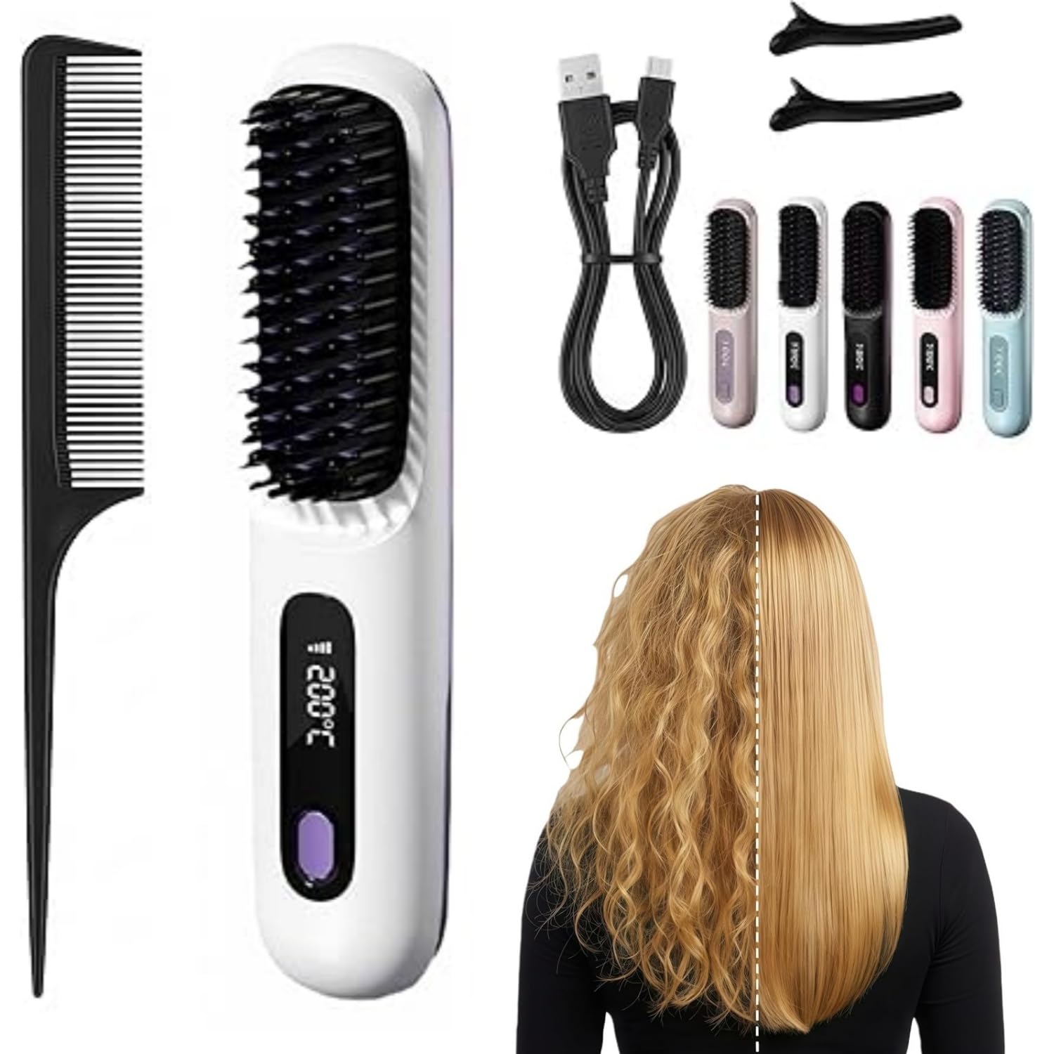 Cefryna Styling Brush for Short Hair-Wiederaufladbarer kabelloser Glättungskamm mit 4000 mAh Kapazität Erzielen Sie jederzeit und überall makellose glatte, gewellte oder lockige Frisuren. (Weiß)