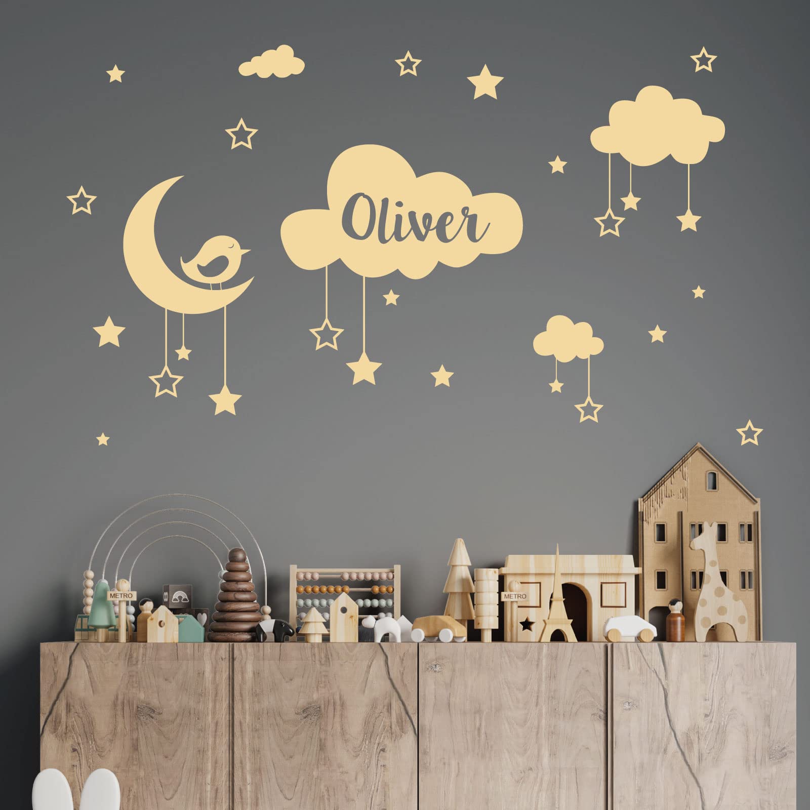 Personalised Name Baby Wall Sticker - Clouds, Stars, Moon & Bird [Medium] [Cream]