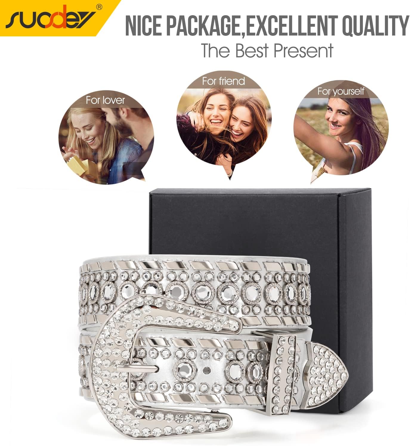 SUOSDEY Rhinestone Belt for Men Women Western Cowboy Cowgirl Bling Studded Leather Belt for Jeans Pants - Image 5