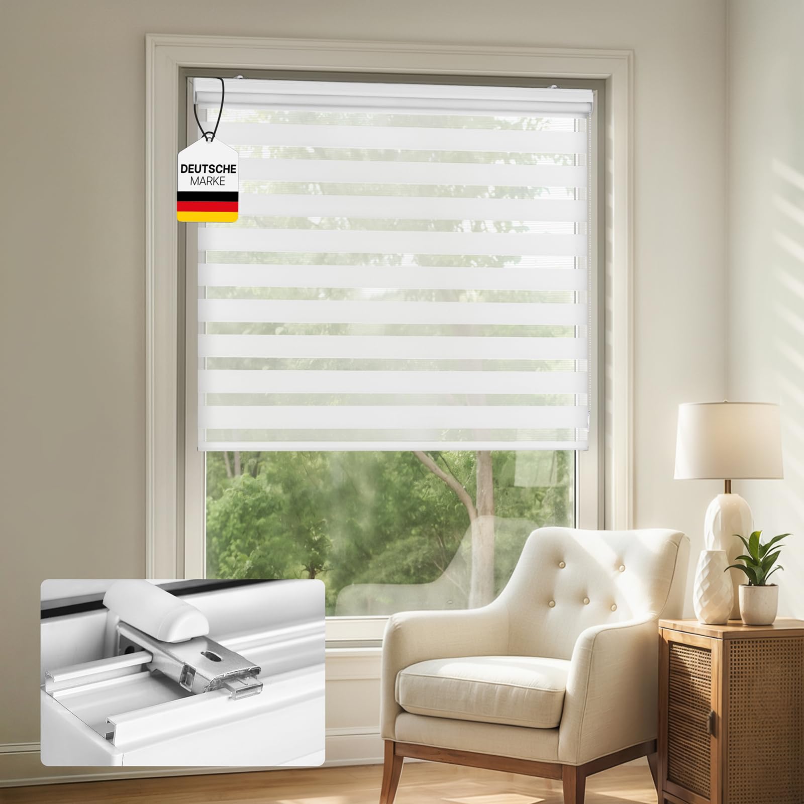 Victoria M. Premium Doppelrollo Klemmfix ohne Bohren & mit Bohren B140 x H175 cm Weiß, Duo Rollo Fensterrollo mit Kassette für Fenster & Türen, Klemmrollo Sonnenschutz Lichtdurchlässig & Verdunkelnd
