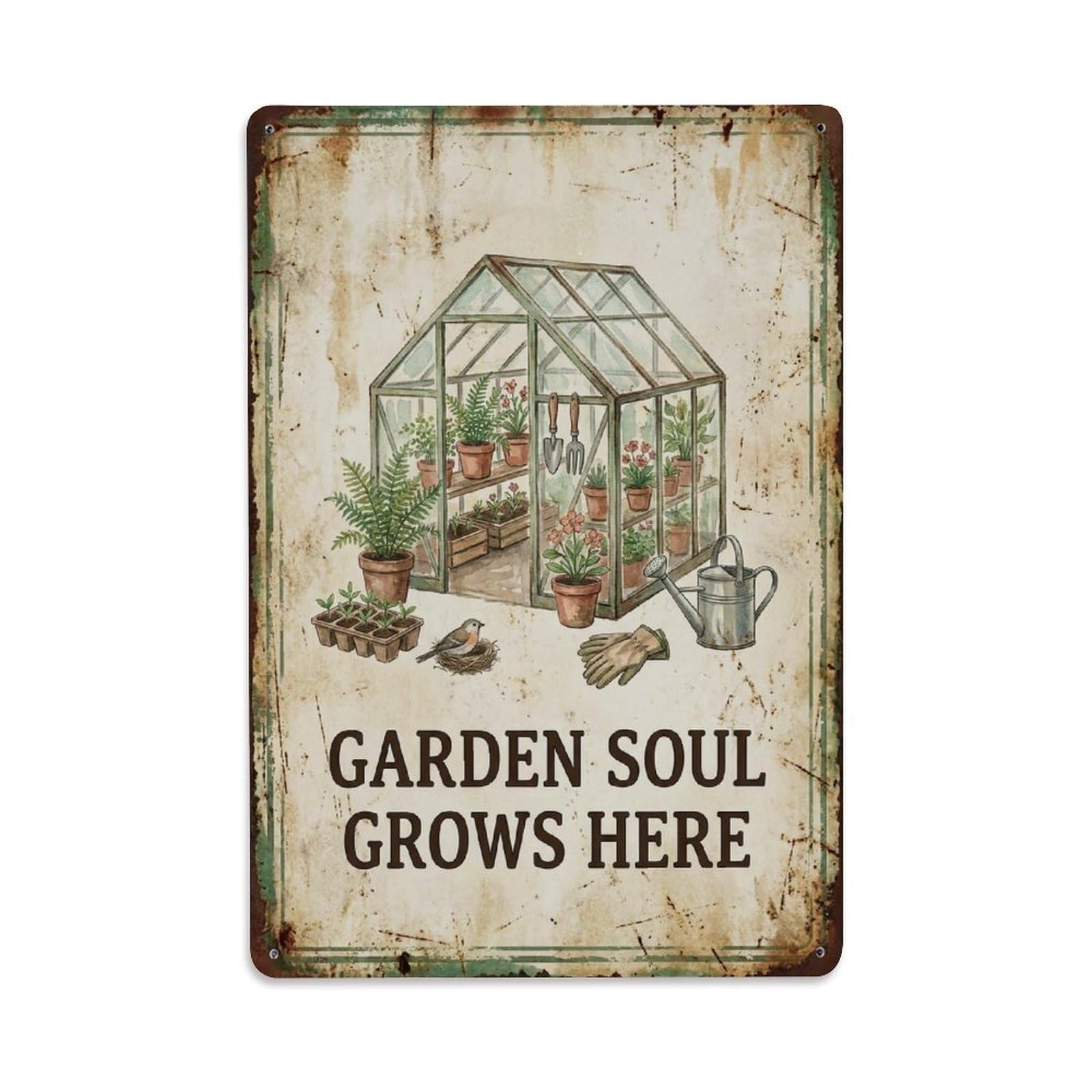 Okngb Style Retro Botanical Nature Quote Soul Grows Here Vintage Metal Tin Sign Plaque Wall Decor For Cafe, Man Cave, Club Bar, Office, Home Garden Round Metal Poster 8X12inch
