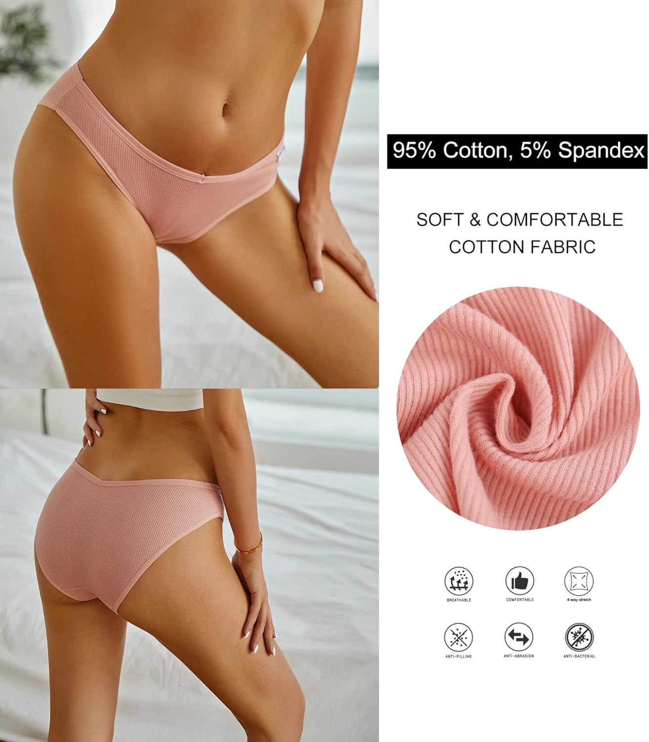FINETOO Womens Underwear Cotton Bikini Rib Cheeky Panties Sexy V-shaped Waistband Hipster - Image 5