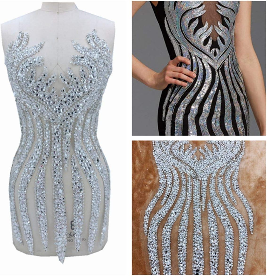 zbroh Handmade Sewing Crystal Rhodium Crystals Applique in mesh Trim Patches 65x37cm for Dress DIY Accessories