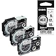 Genuine Casio Nameland Label Writer Tape 0.3 inch 9 mm, 0.57 inch 12 mm, 0.7 inch 18 mm, 3 Pack XR-MIXWE-4M White with Black Letters