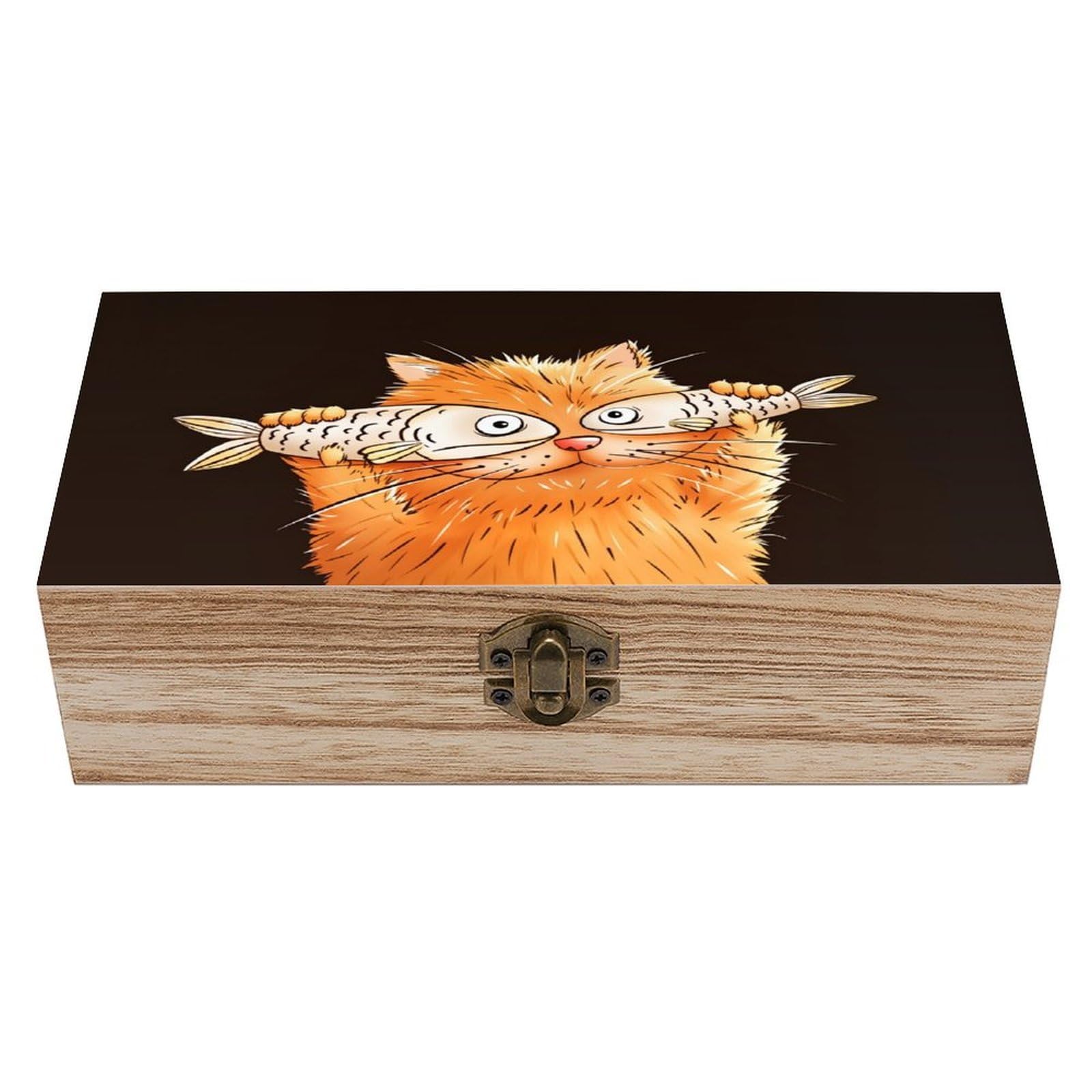 asbwuo Cat And Fish Vintage Wooden Keepsake Box