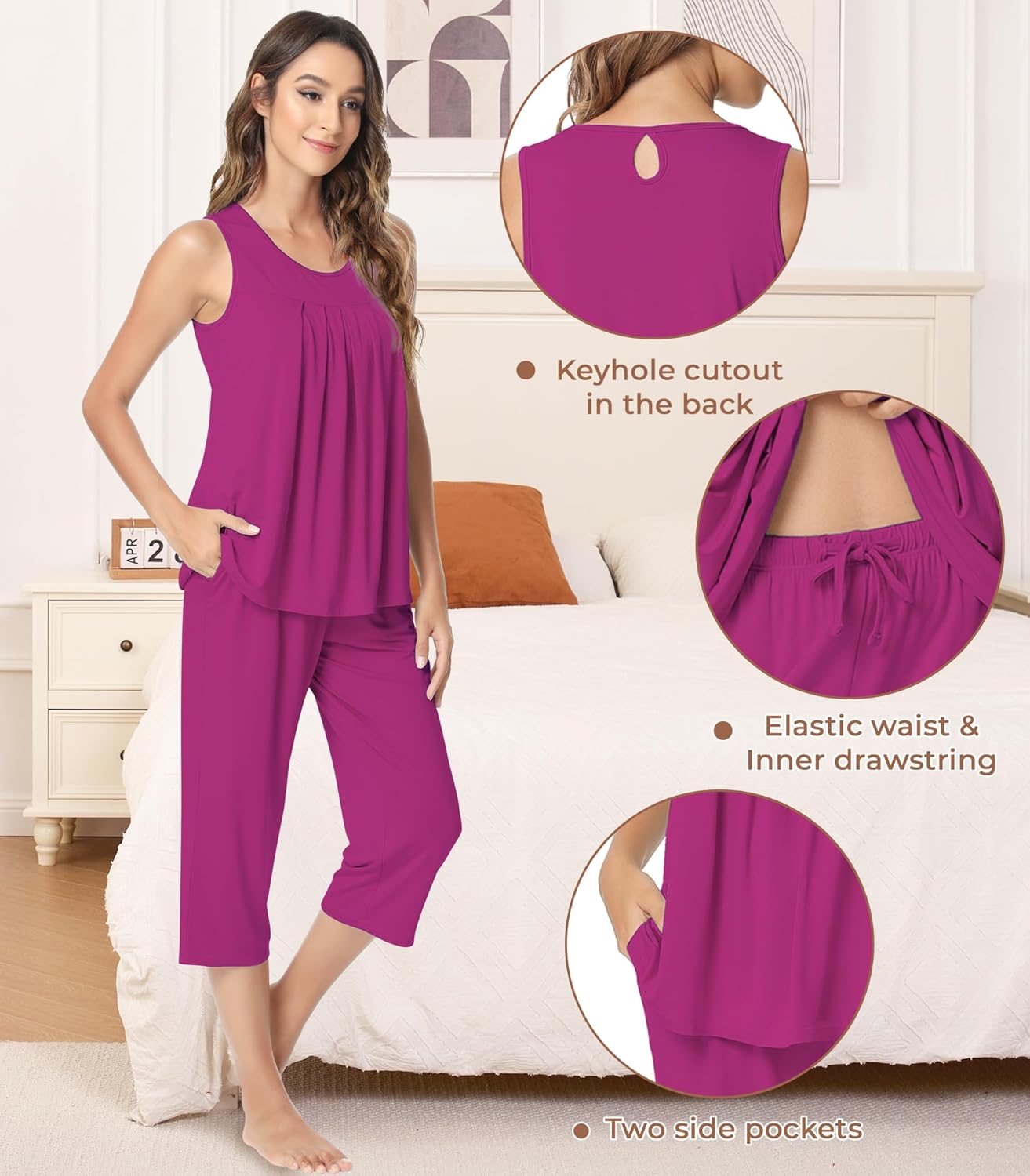 NACHILA Pajamas for Women-Viscose Made from Bamboo, Sleeveless Pjs Tank Top Capri Pants Pajama Sets Cooling Sleepwear - Image 4