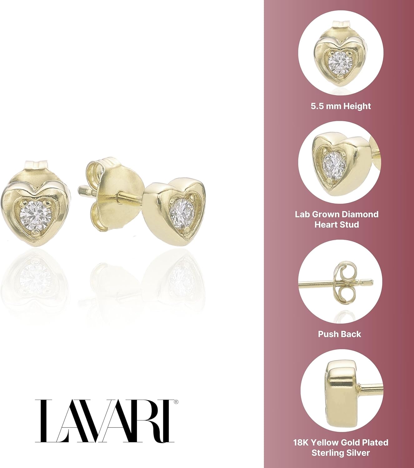 Lavari Jewelers 1/50 Carat Lab Grown Diamond Heart Stud Earrings for Women - 18k Yellow Gold Plated Sterling Silver 13.3mm Heart Earrings for Her - Hypoallergenic Push Back Studs - Minimalist Design - Image 5