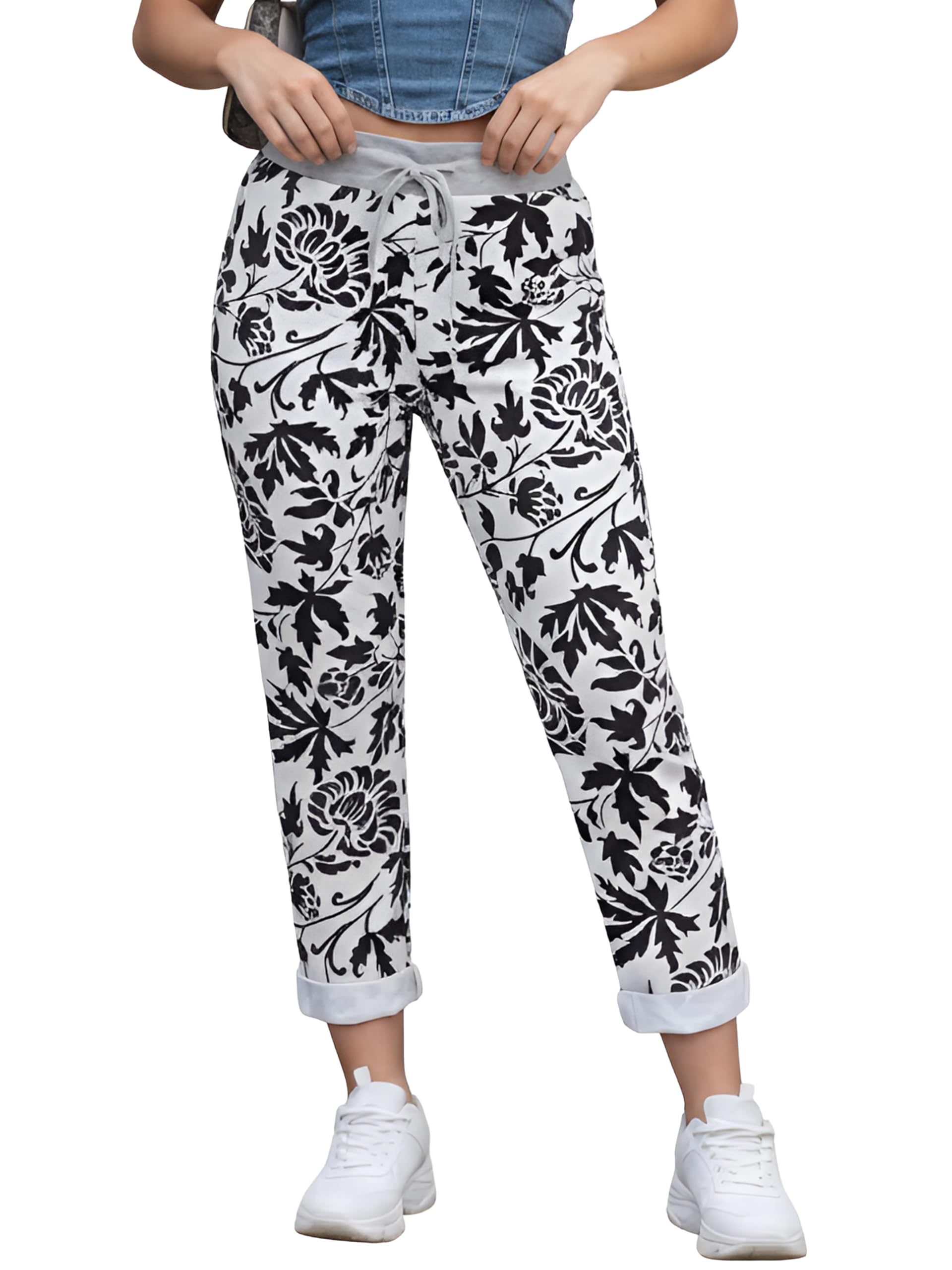 Love My Fashions Women's Black Leaf Print Yoga Pants For Floral Denim Look Trousers Elasticated Waist Casual Joggers Comfortable Summer Trousers Uk