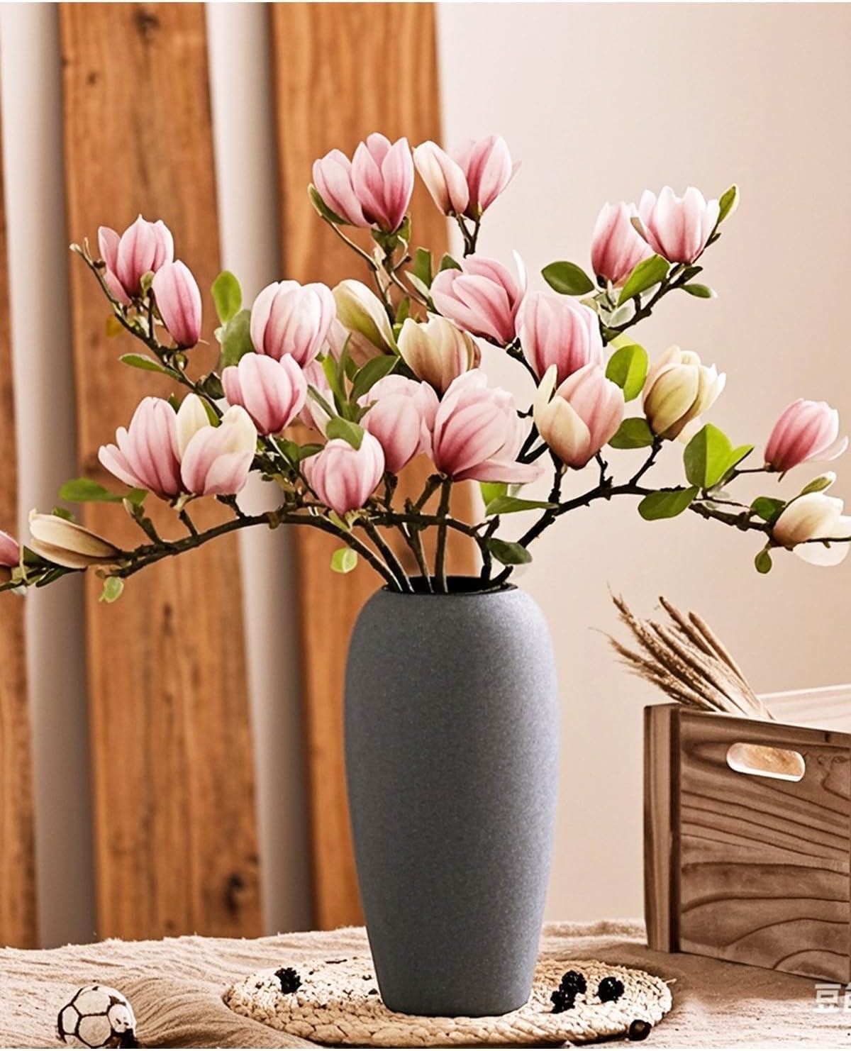 Elegant Artificial Magnolia Flower Stems(Not Included Vase), Half-Bloom Faux Magnolia Branches for Magnificent Home Decor (5, Pink&Green)