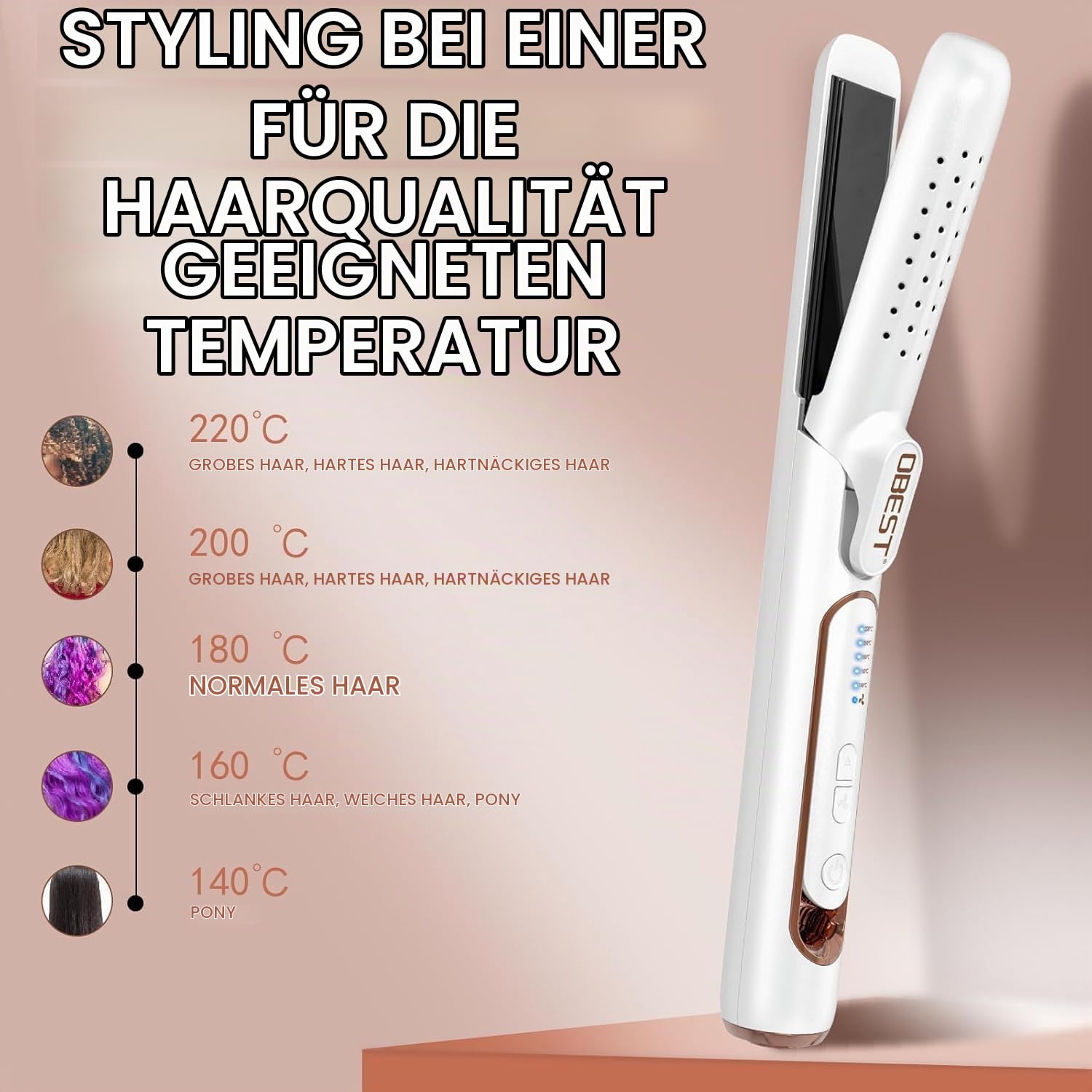 OBEST Airflow Curler Haarglätter und Lockenstab 2 in 1, Glätteisen Lockenstab, 30s Schnellaufheizung, 5 Temperaturstufen (140℃-220℃), Reisefreundlicher Dualspannung-Styler (Weiß)
