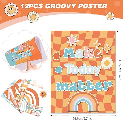 Miniatura 2 de Nezyo 12 pósteres retro Groovy para aula, diseño de flores hippie bohemias, decoración de tablón de anuncios, póster educativo para guardería,