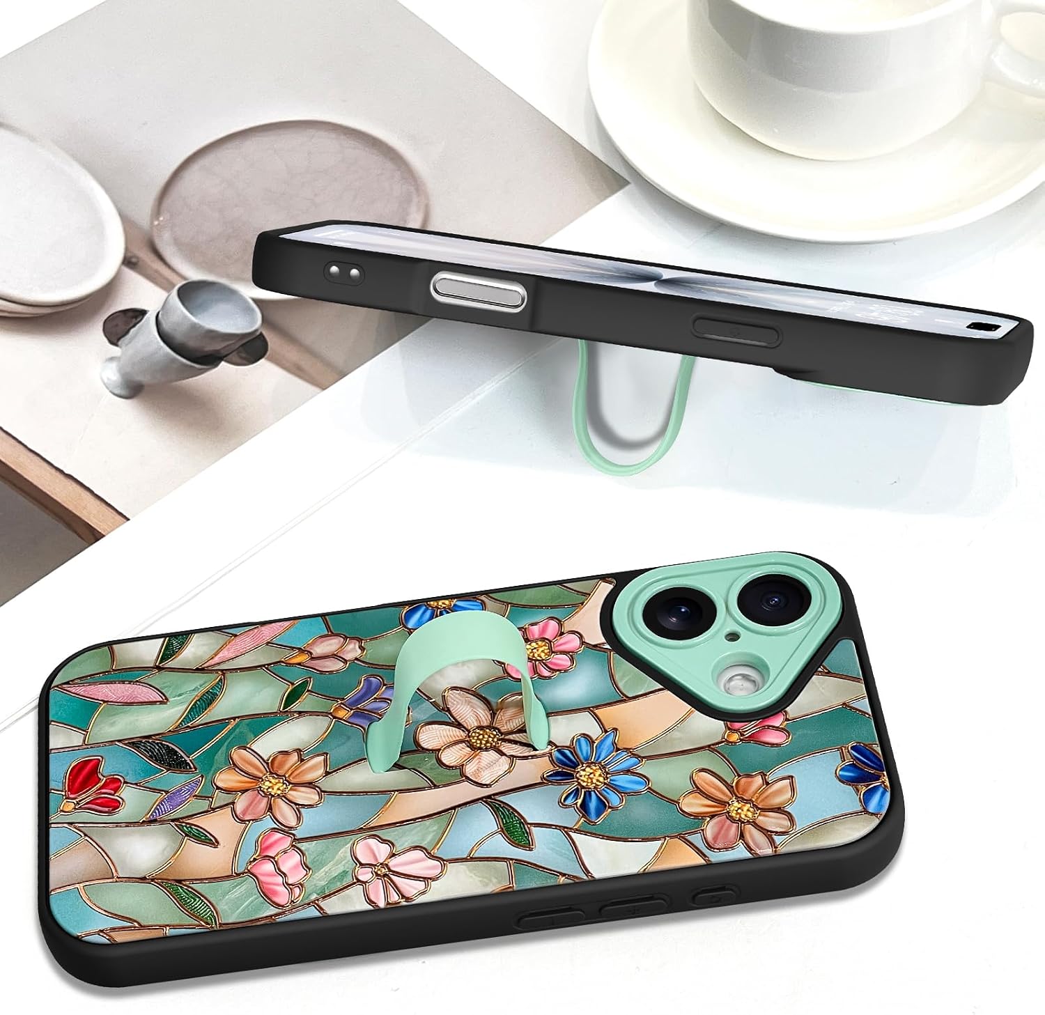 SOKAD 3D Floral Phone Case for iPhone 17 with Finger Strap Kickstand, Aesthetic Stained Glass Flower Design with Finger Hand for Women Girls, Slim Full Camera Protection Shockproof Cover