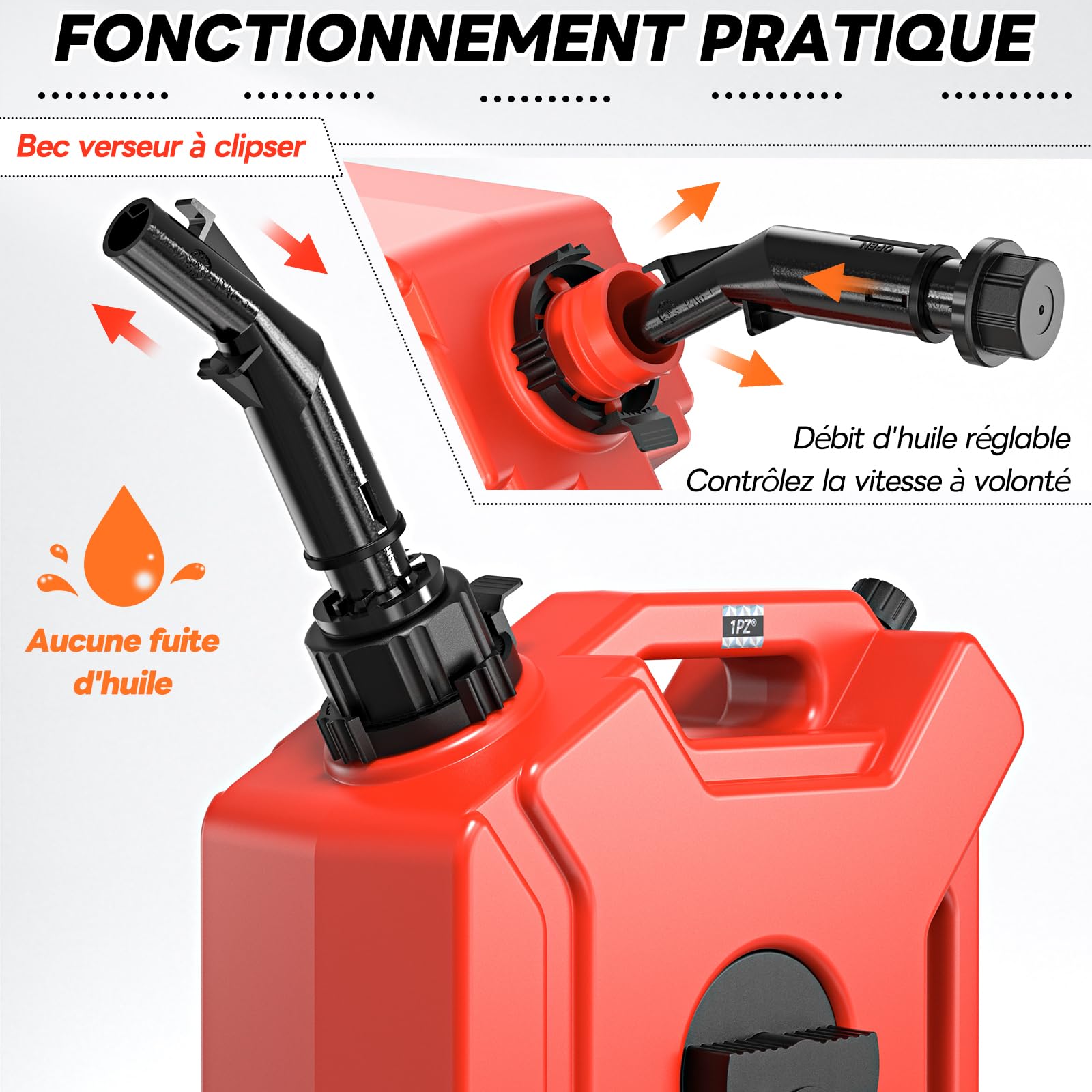 1PZ FR3-GT3 Bidon Carburant 5L et Réservoir Eau Jerrican Portable avec Bec Verseur - Support Véhicule Verrouillable - Pour Essence/Diesel/Eau - Universel Moto/SUV/VTT/UTV - PEHD Résistant aux Chocs