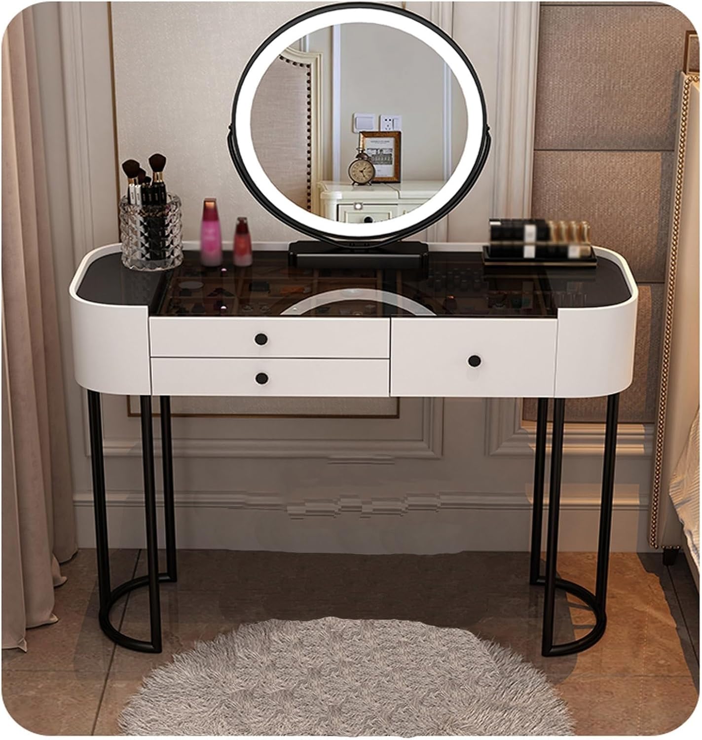 Dressing Table Makeup Table with Flip Top Mirror and Removable Storage Padded Seat Stool Led Smart Glass Dressing Table Chair Set，Stylish Modern Makeup Vanity Table with Drawer & Bench - Com