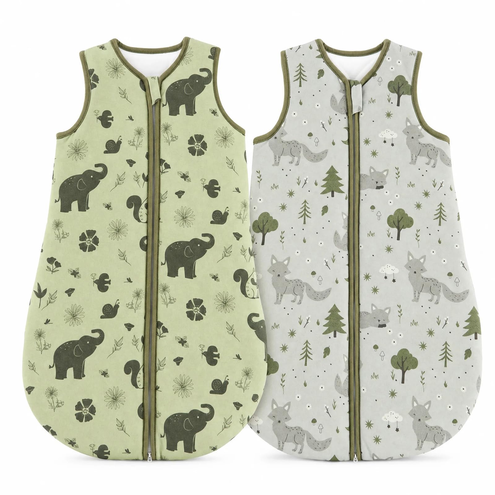 JiAmy 2.5 TOG Baby Sleeping Bag 2 Pack, Winter Cotton Sleep Sack Wearable Blanket for Newborn & Infant Green Elephant 18-24 Months