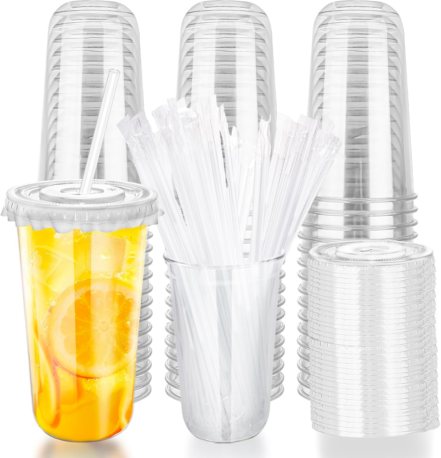 20oz Disposable Stemless Glasses with Flat Lids and Straws,PET Disposable Drinking Cups,Clear Plastic Wine Glasses for Parties Birthday,Wedding,Meeting,Christmas Party Supplies. (50, Transparent)