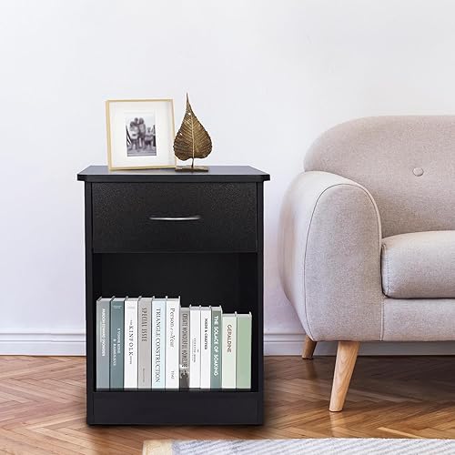 Miniatura 2 de TINSAWOOD Mesita de noche de 1 cajón, mesa auxiliar con cajón y estante de almacenamiento abierto, mesita de noche para dormitorio y dormitorio,