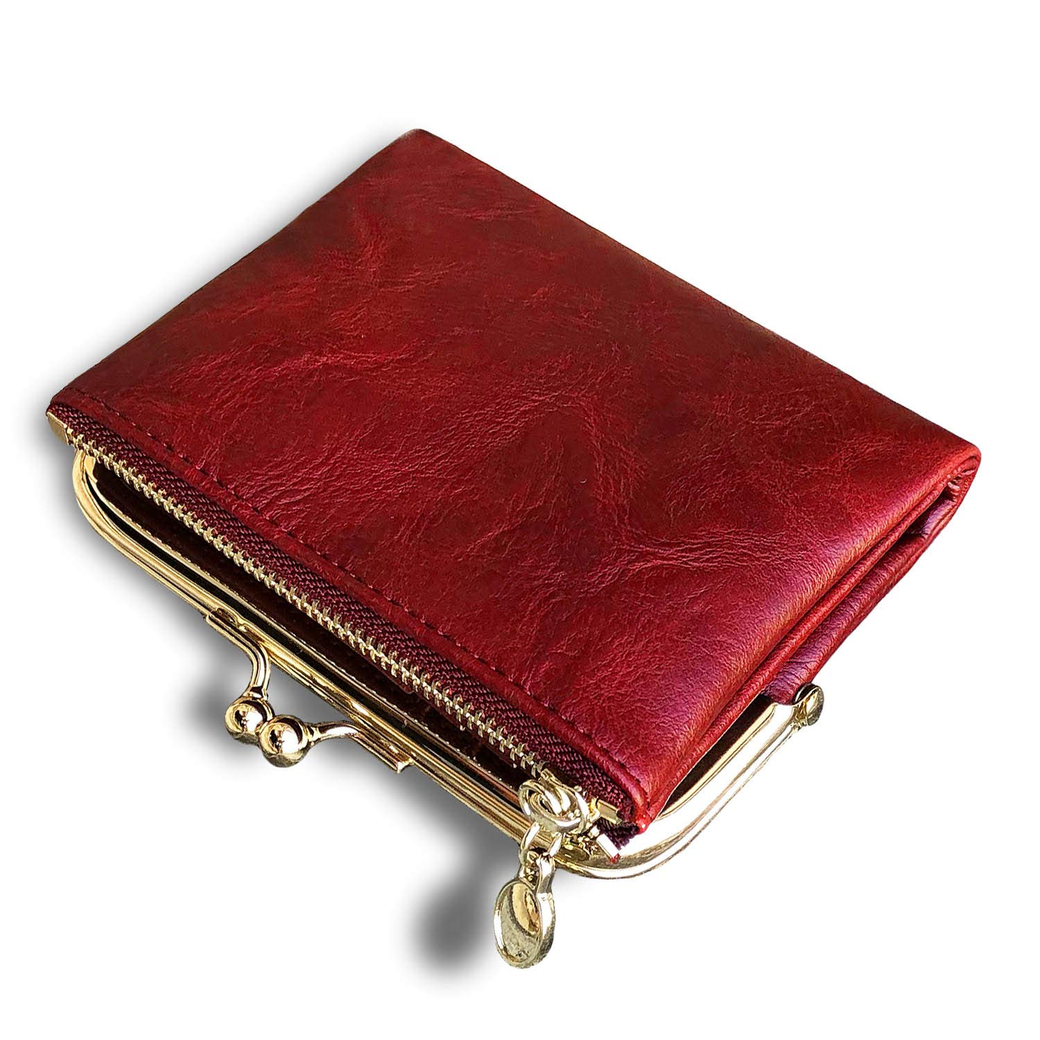 AOXONEL Womens Wallet Small RFID Ladies Compact Bifold Leather Vintage Coin Purse with Zipper and Kiss Lock (Red)