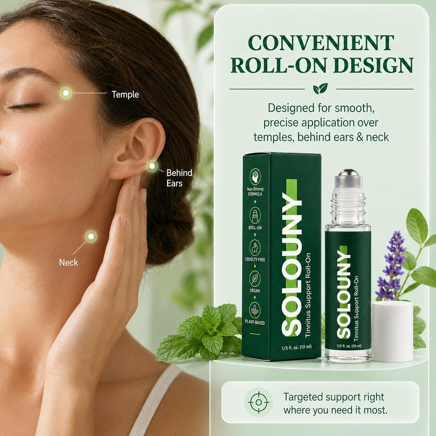 Solouny Tinnitus Roll On, Plant-Based Formula with Helichrysum, Juniper Berry, Basil Extract, Fast Absorption, 15ML
