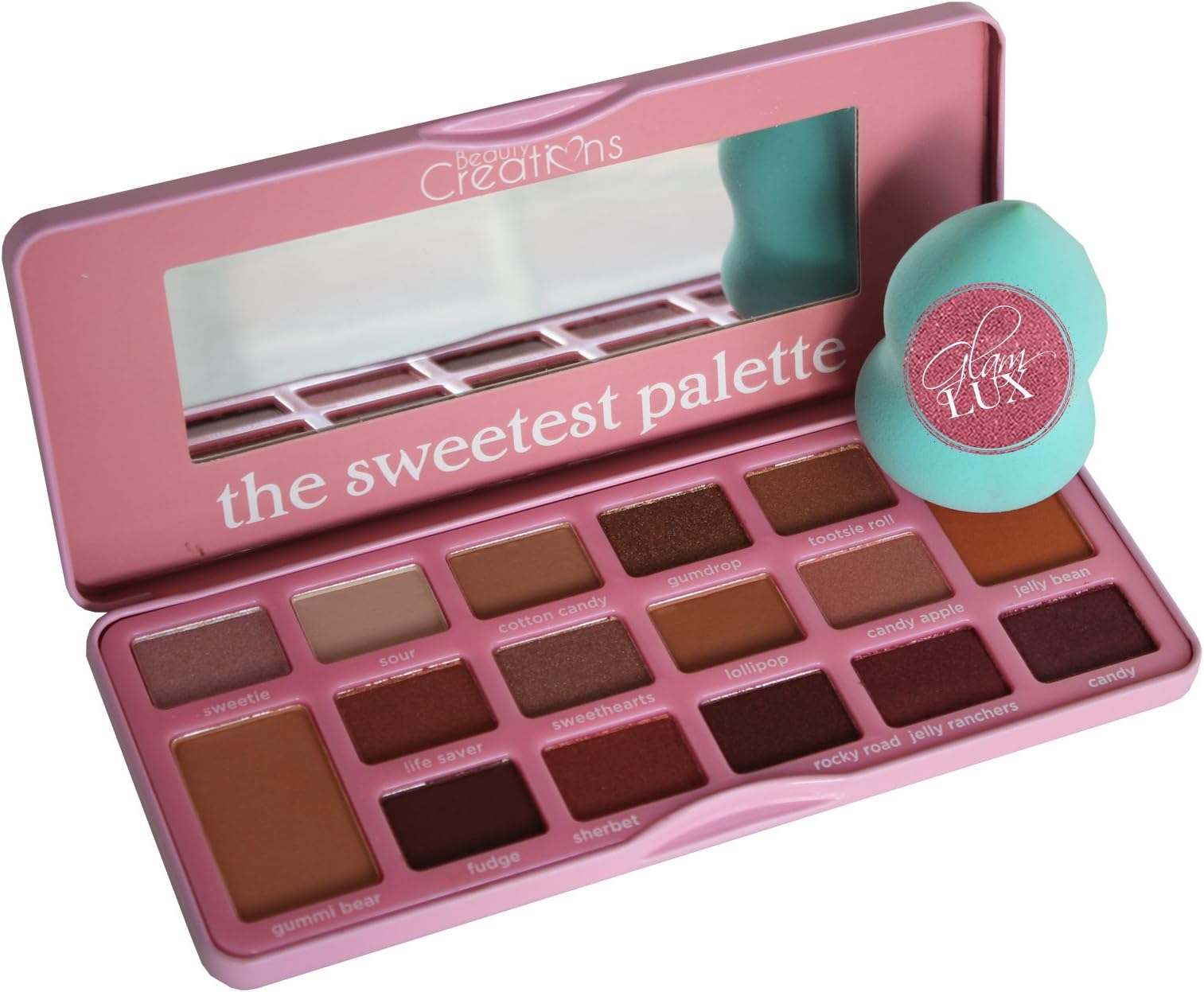 Glam Lux Bundle Beauty Creations Sweetest Palette 16 gorgeous candy scented shades Ultra Long lasting Pigmented Mineral Pressed Shimmer and Matte Eye shadow Palette and Glam Lux Beauty Blender