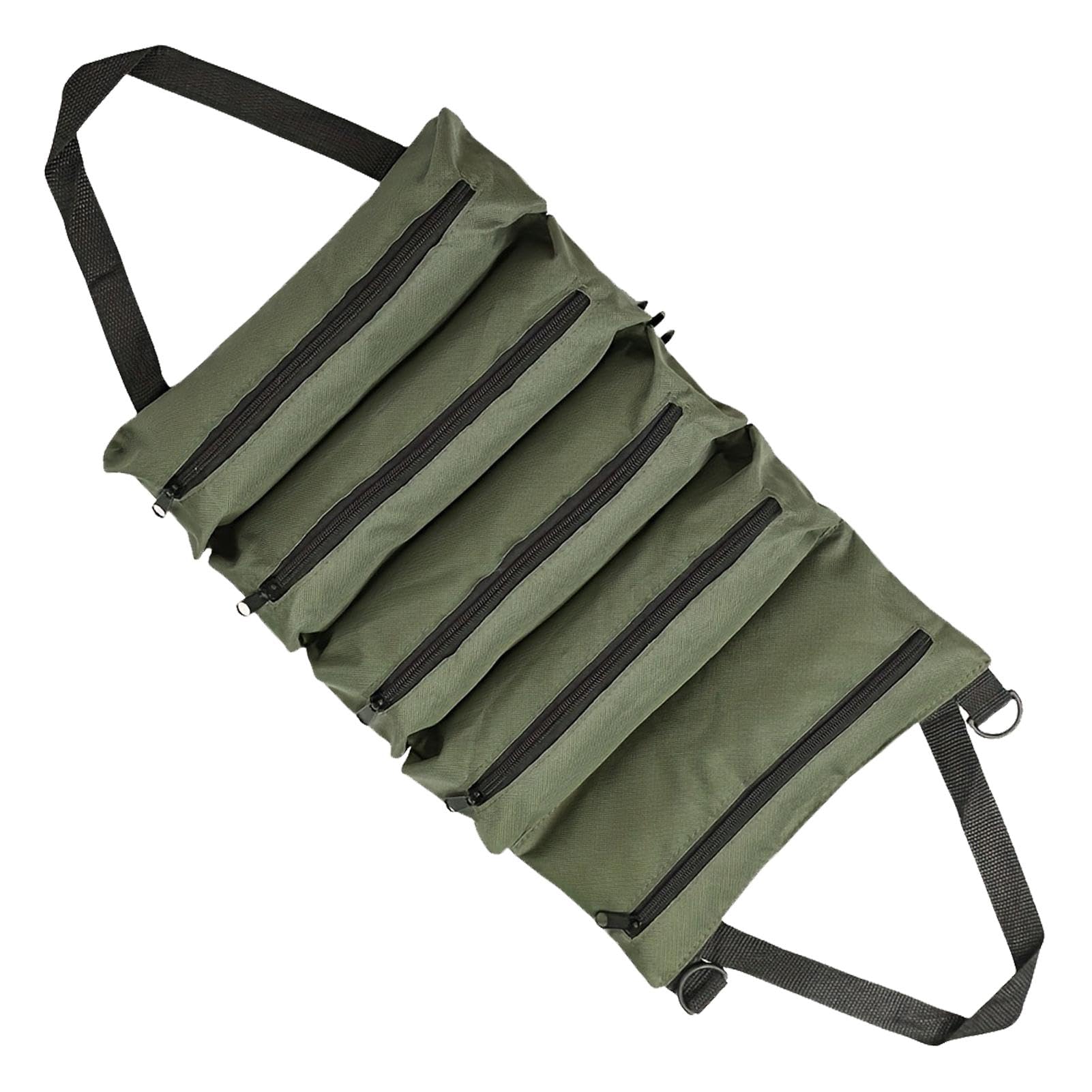 Vexorlian Roll-Up Tool Bag, Canvas Tool Organizer with 5 Zipper Pockets, Ideal for Electricians, Plumbers and Craftsmen (Green)